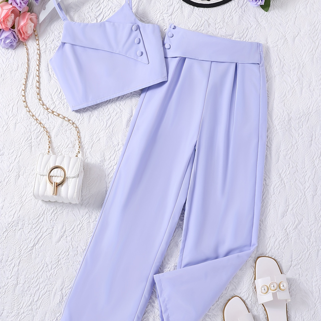 

Elegant Purple Girls 2pcs Asymmetric Cami Top + High Waist Pants Set Casual 2-piece Summer Outfit For Girls