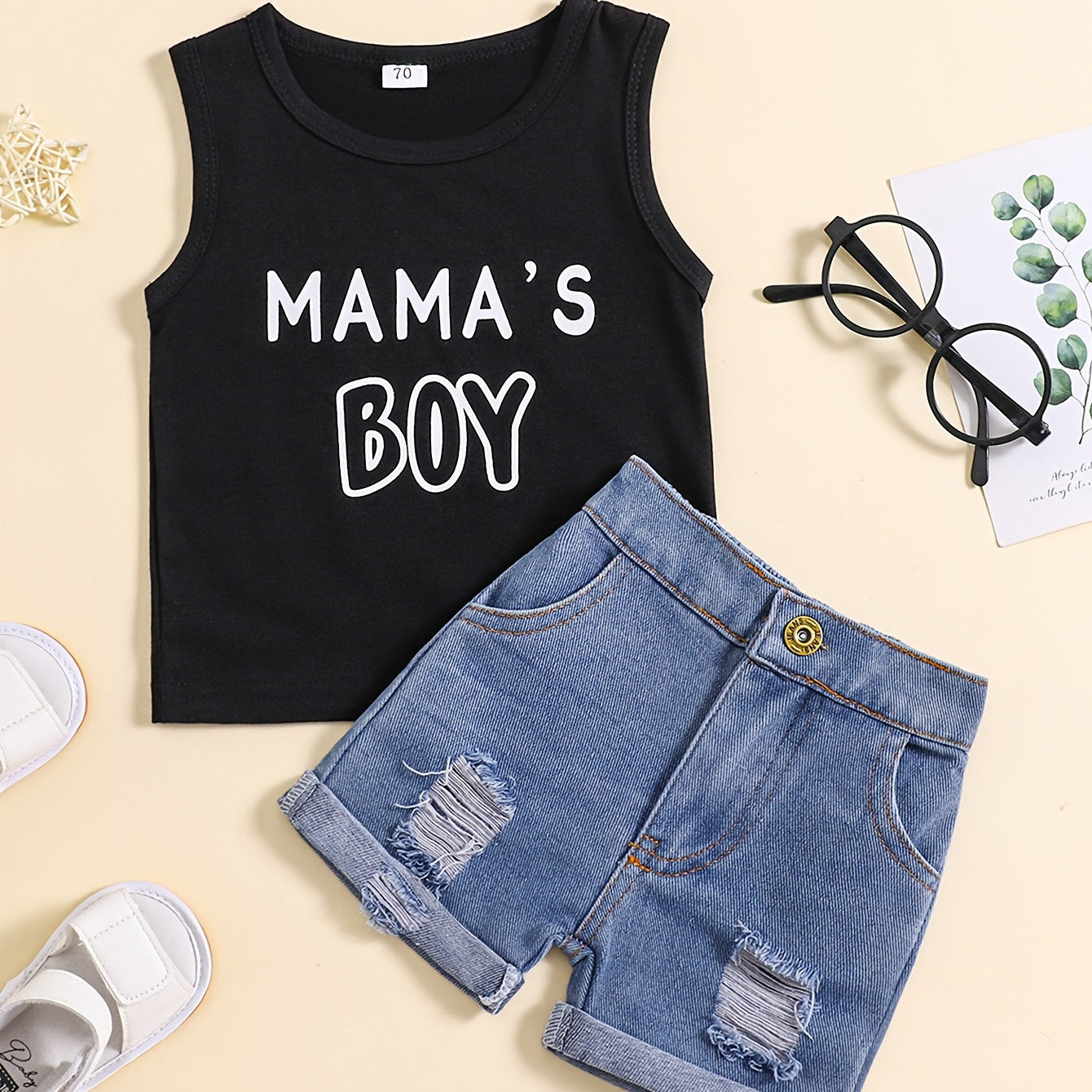 

Toddler Girls Boys' 2-piece Set, "mama's Boy" Sleeveless Black Tank Top With Ripped Denim Shorts, Casual Summer Outfit