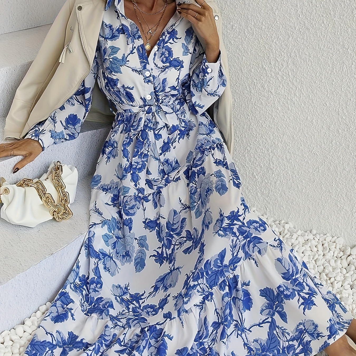 

Floral Print Button Front Dress, Vacation Style Long Sleeve Tie Waist A-line Dress For Spring & Fall, Women's Clothing