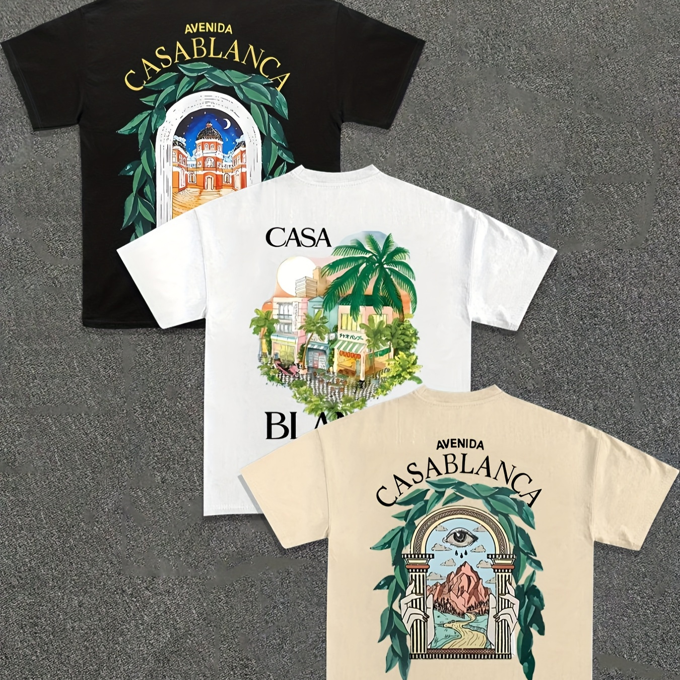 3pcs Men's Casual Short Sleeve T-Shirts - Summer Round Neck Tees with Vibrant Letter & Tropical Graphic Prints, Regular Fit for Beach, Travel & Outdoor Activities