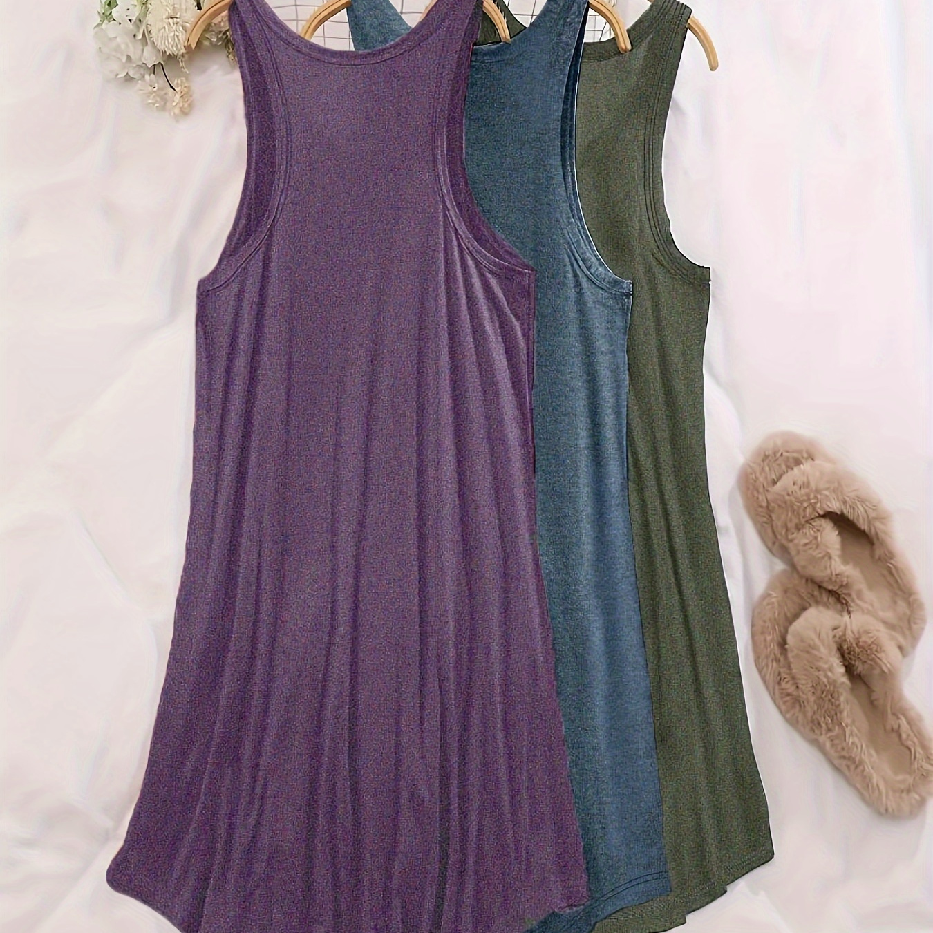 

3 Pcs Women's Solid Casual Sleepwear Dress, Round Neck Loose Fit Midi Tank Dress, Comfortable Nightgown