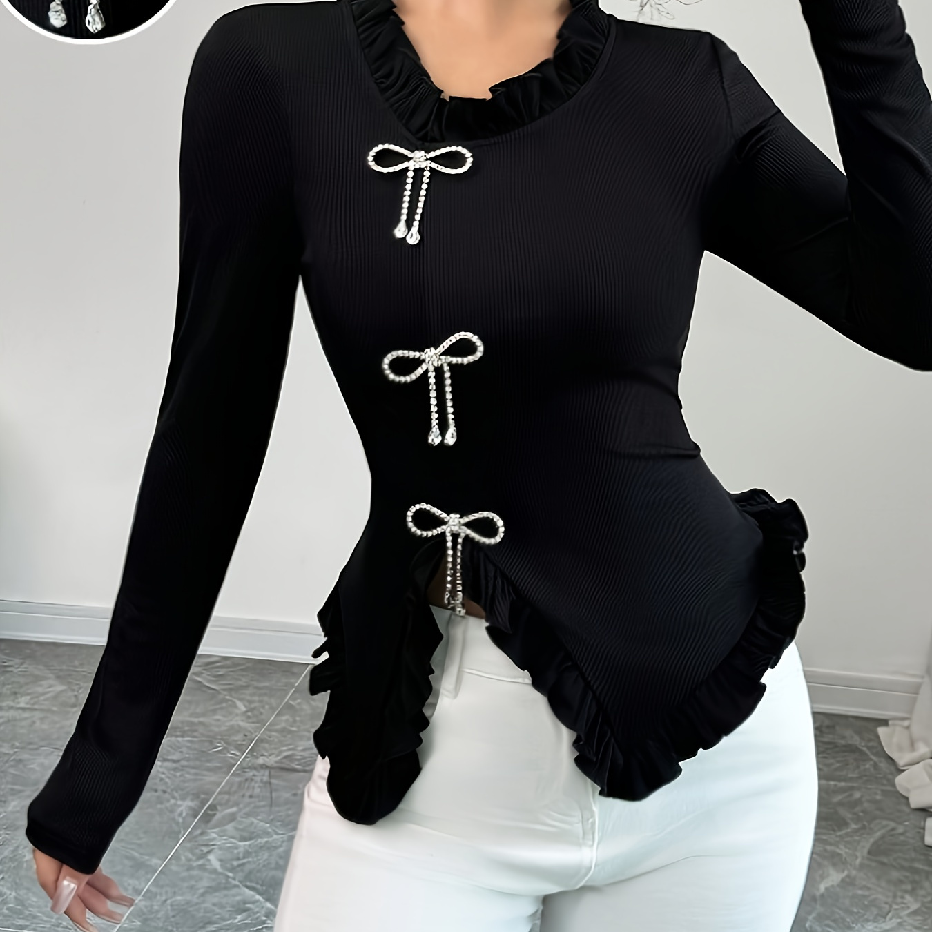 

Elegant Women's Long Sleeve T-shirt With Bow Detail And Ruffle Hem - Chic Black Polyester , , Machine Washable