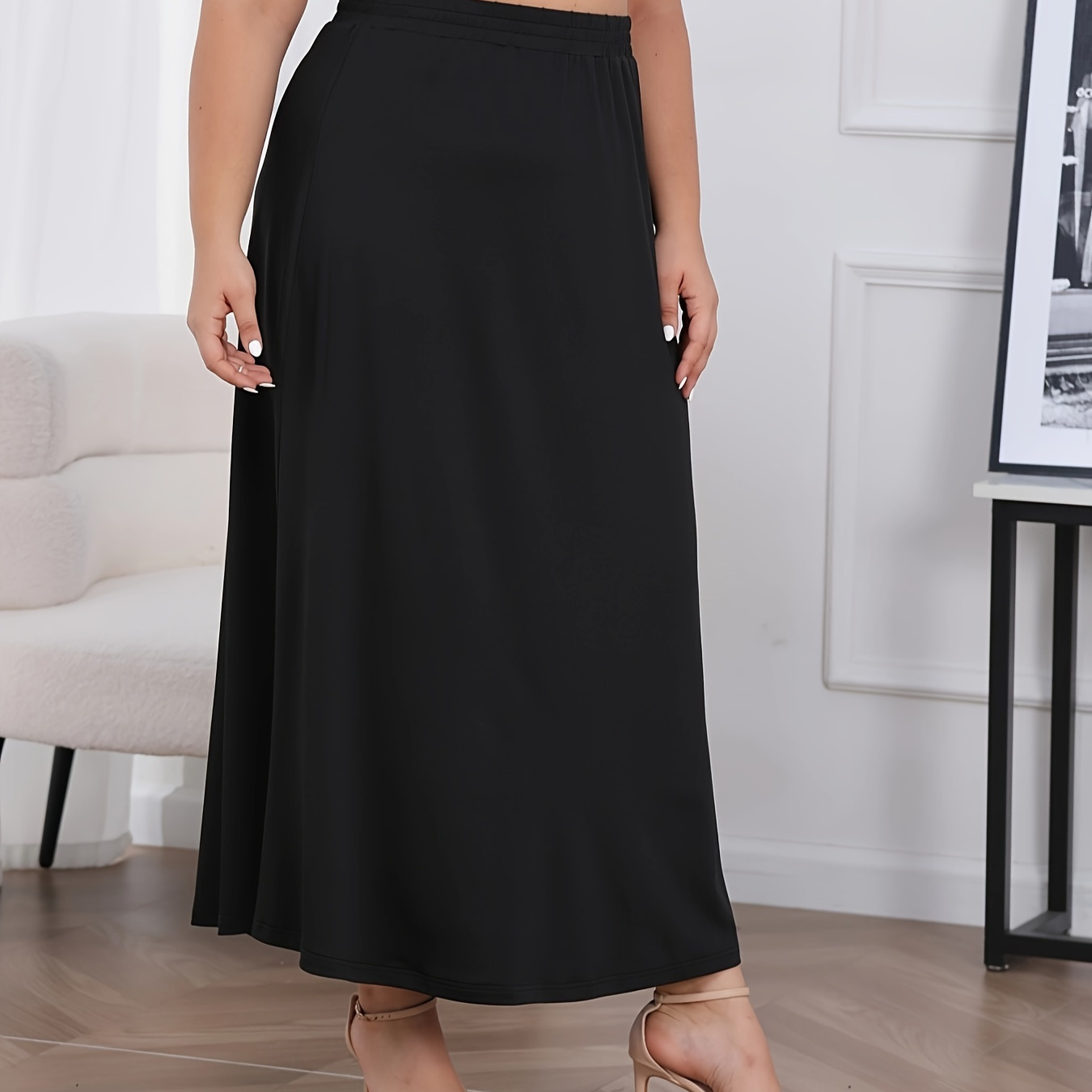 

Plus Size Solid Simple Ankle Skirt, Casual Elastic Waist Skirt For Spring & Summer, Women's Plus Size Clothing