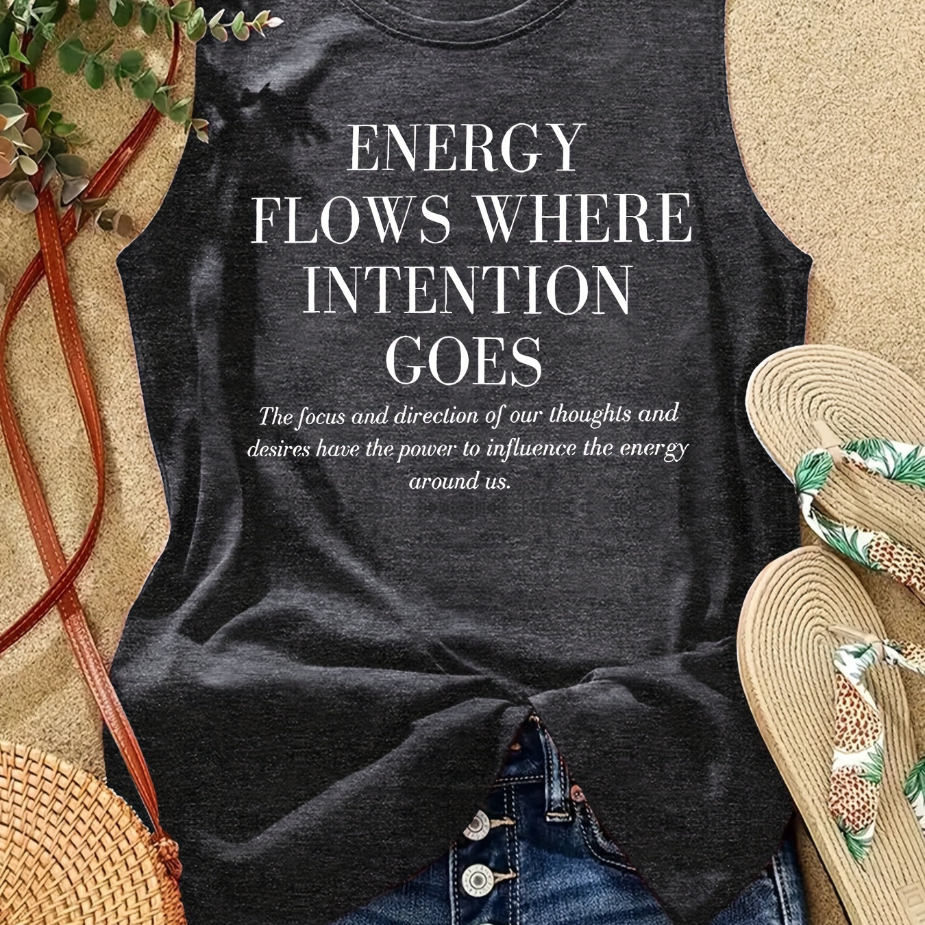 

Energy Print Tank Top, Sleeveless Casual Top For Summer & Spring, Women's Clothing