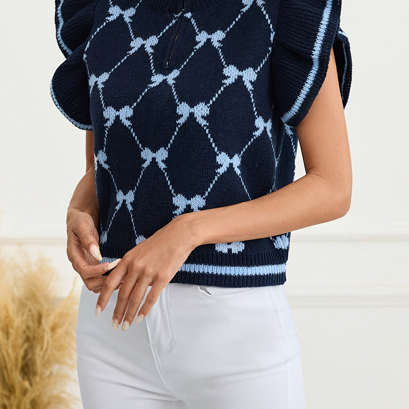 

Women's Elegant Bowknot Ruffle Sweater Vest - Navy Blue And White Diamond Pattern, High Neck, Polyester, , Zip-up Detail, Apparel|knit Texture| Fabric