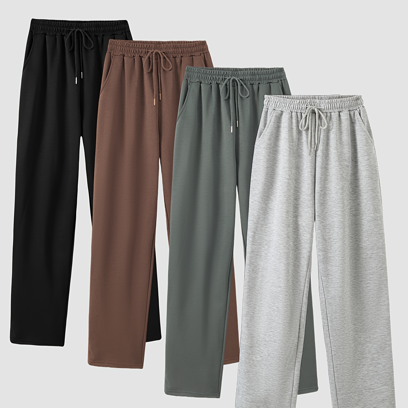 

4 Pcs Solid Color Straight Leg Sweatpants, Casual Drawstring Waist Pants For Fall & Winter, Women's Clothing