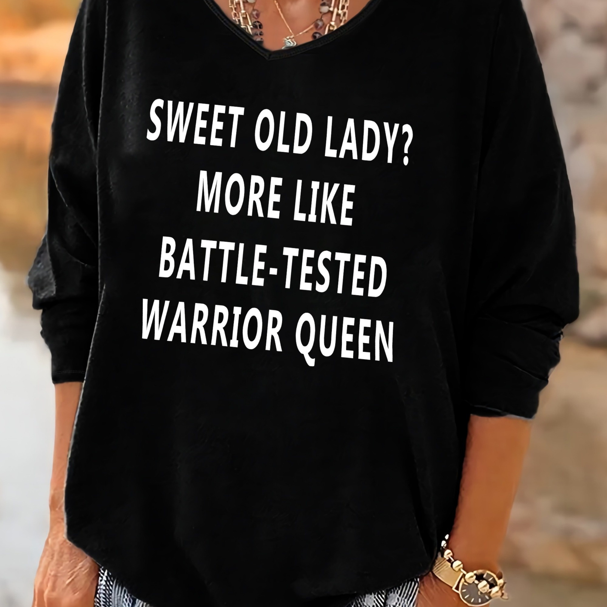 

Plus Size Slogan Print T-shirt, Casual V Neck 3/4 Sleeve T-shirt, Women's Plus Size clothing