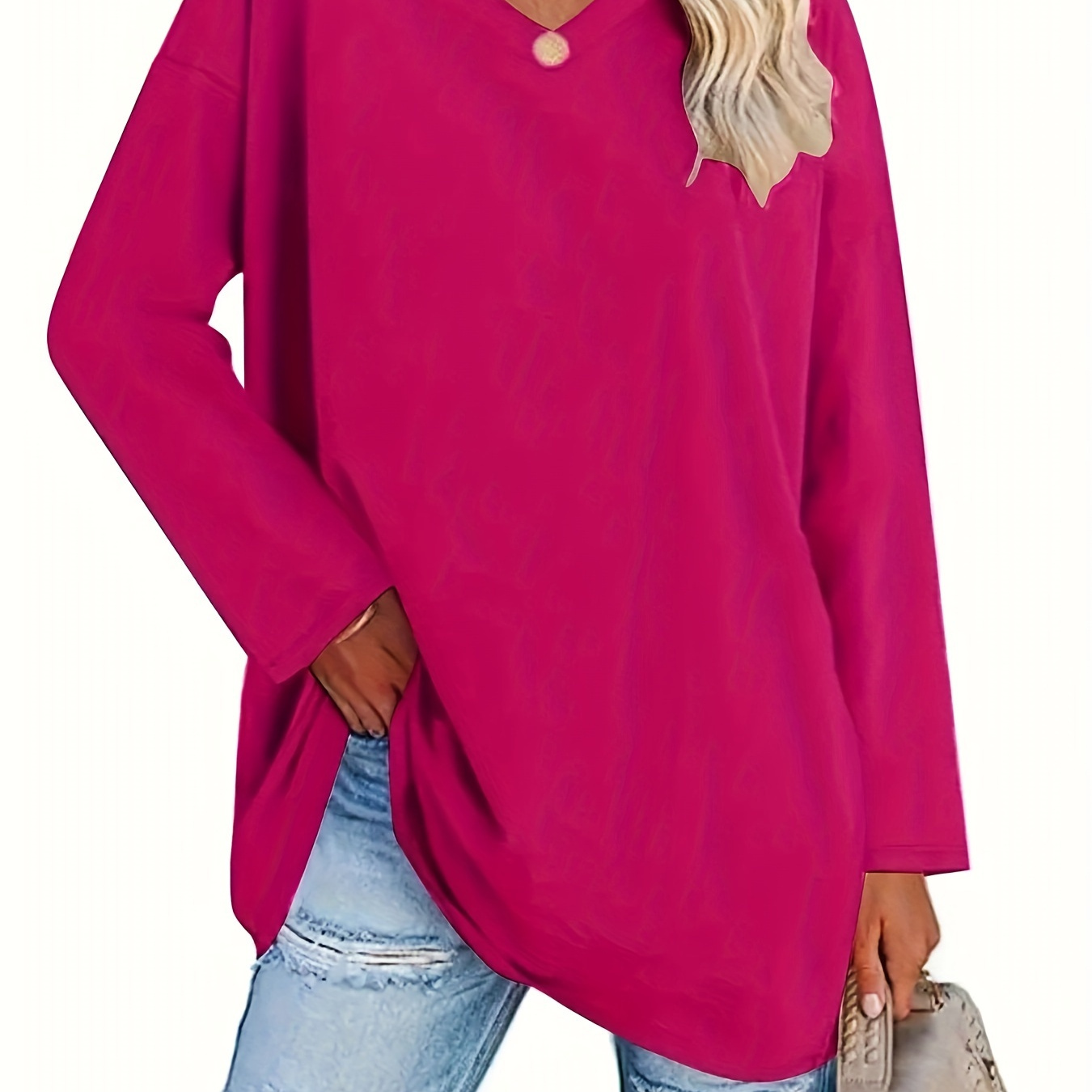 

V-neck Long Sleeve Women's T-shirt - Soft Polyester Blend, Elegant & For Spring/fall, Casual Outfits With Denim Shorts & Flats, | Top | Nontransparent Material