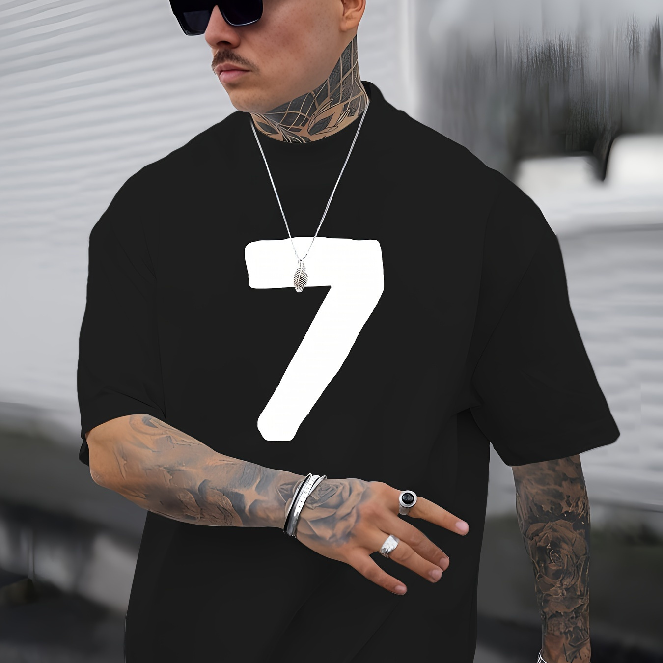 

Men's Casual Short-sleeve T-shirt With " Number 7" Simple Print, Comfortable Top For Spring And Summer, Crew Neck Tee, Relaxed Fit