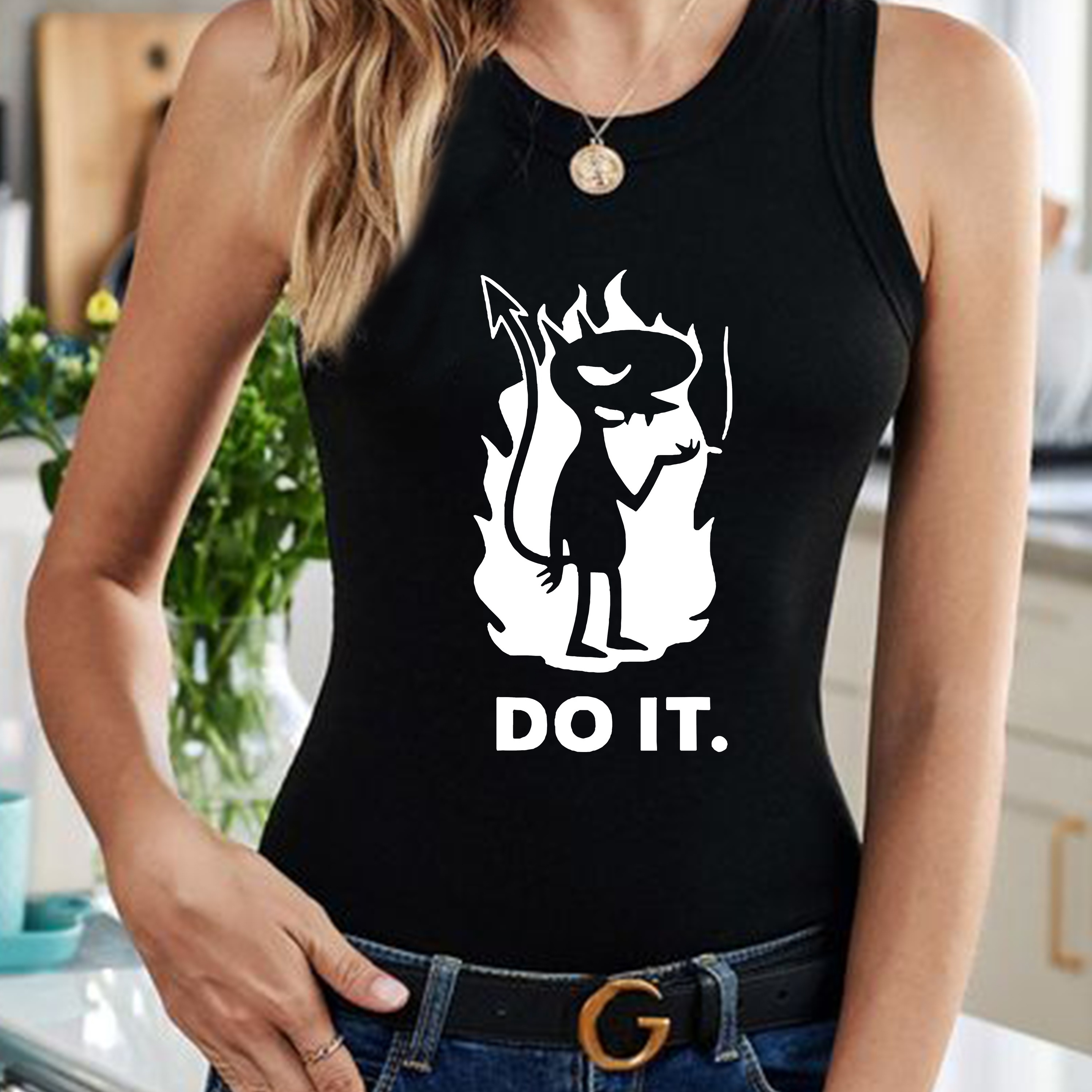 

Cartoon Devil Neck Top, Women' Sleeveless Sports Top - Fitness & Casual Wear!