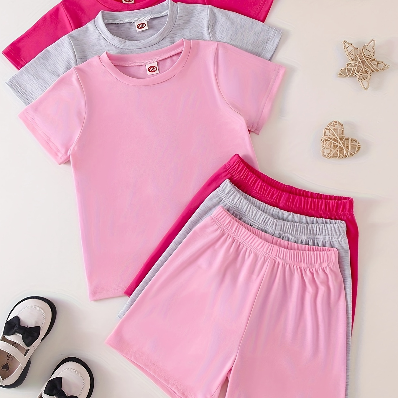 

3 Sets Girl's Basic Plain Color T-shirt Tops + Shorts Set Everyday Casual Outfit Summer Gift