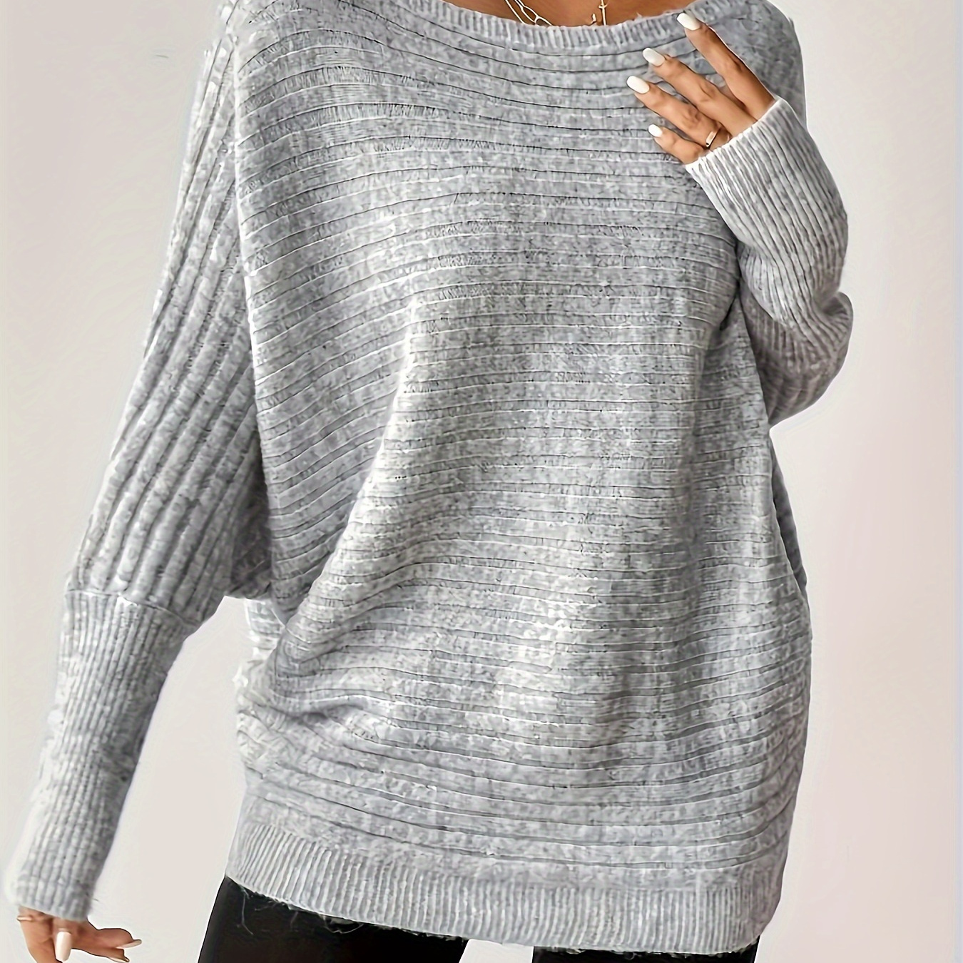 

Elegant Specialty + Solid Color Knitted Batwing Sleeve T-shirt - Polyester, Long Sleeve, Round Neck, Knit Fabric, Regular Fit For Autumn Season