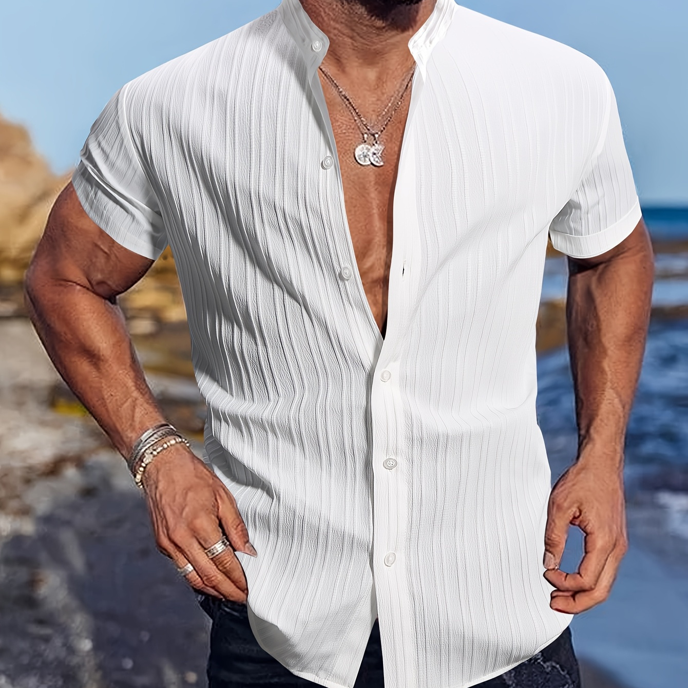 

Men's Summer Casual Short Sleeve Shirt, Solid Color Striped Breathable Polyester, Stand Collar With Pocket Detail, Woven Regular Fit For Weekend Leisure And Beach Vacation