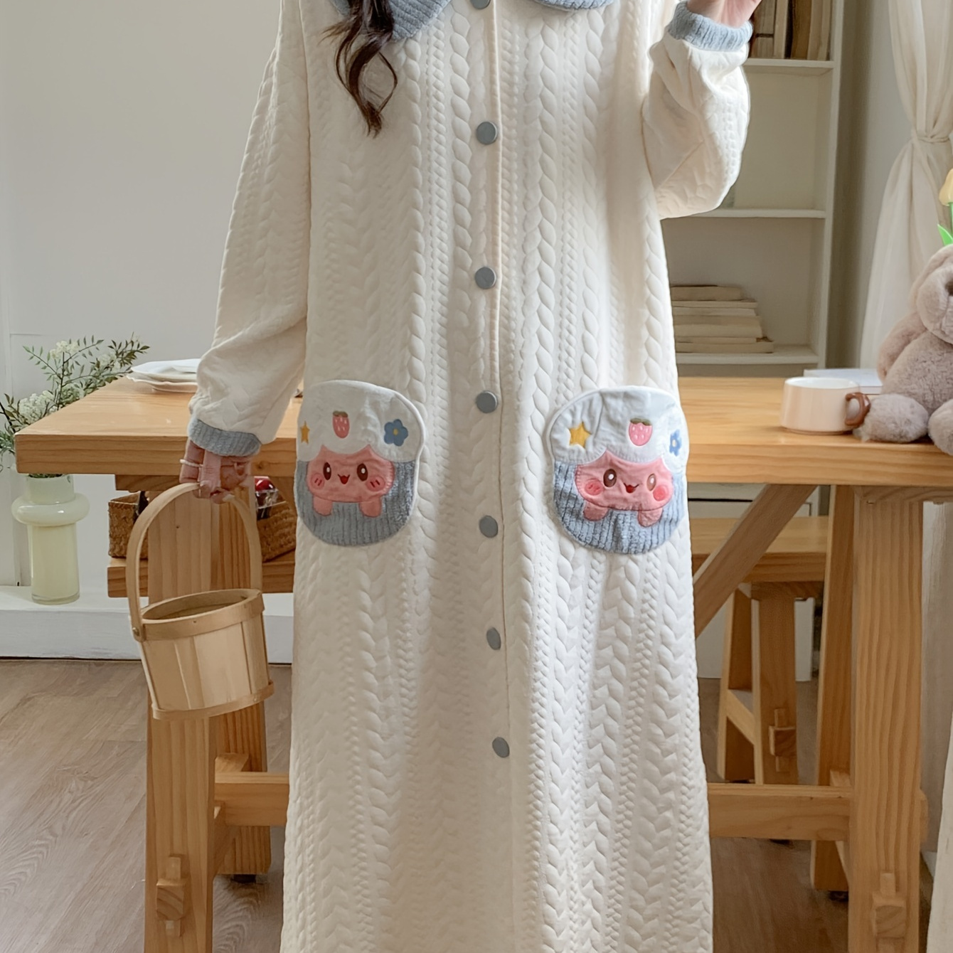 

Cute Cartoon Embroidered Knit Sleeping Robe For Teens - Thickened Winter Sleepwear With Button , Long Sleeves, Straight Skirt, And Comfortable Polyester Fabric