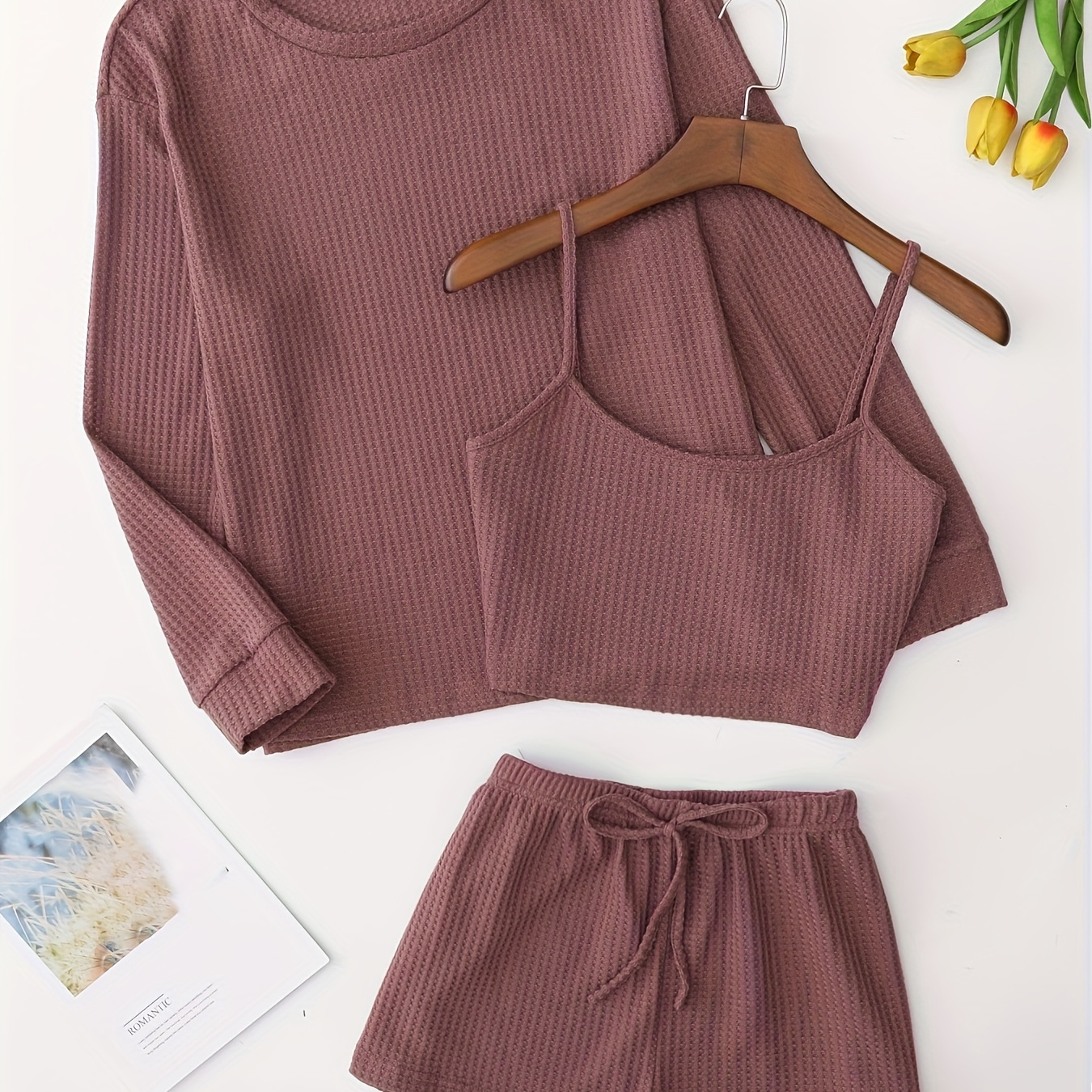 

Solid Waffle Lounge Set, Casual Long Sleeve Crew Neck Top & Cami Top & Elastic Waistband Shorts, Women's Loungewear & Sleepwear