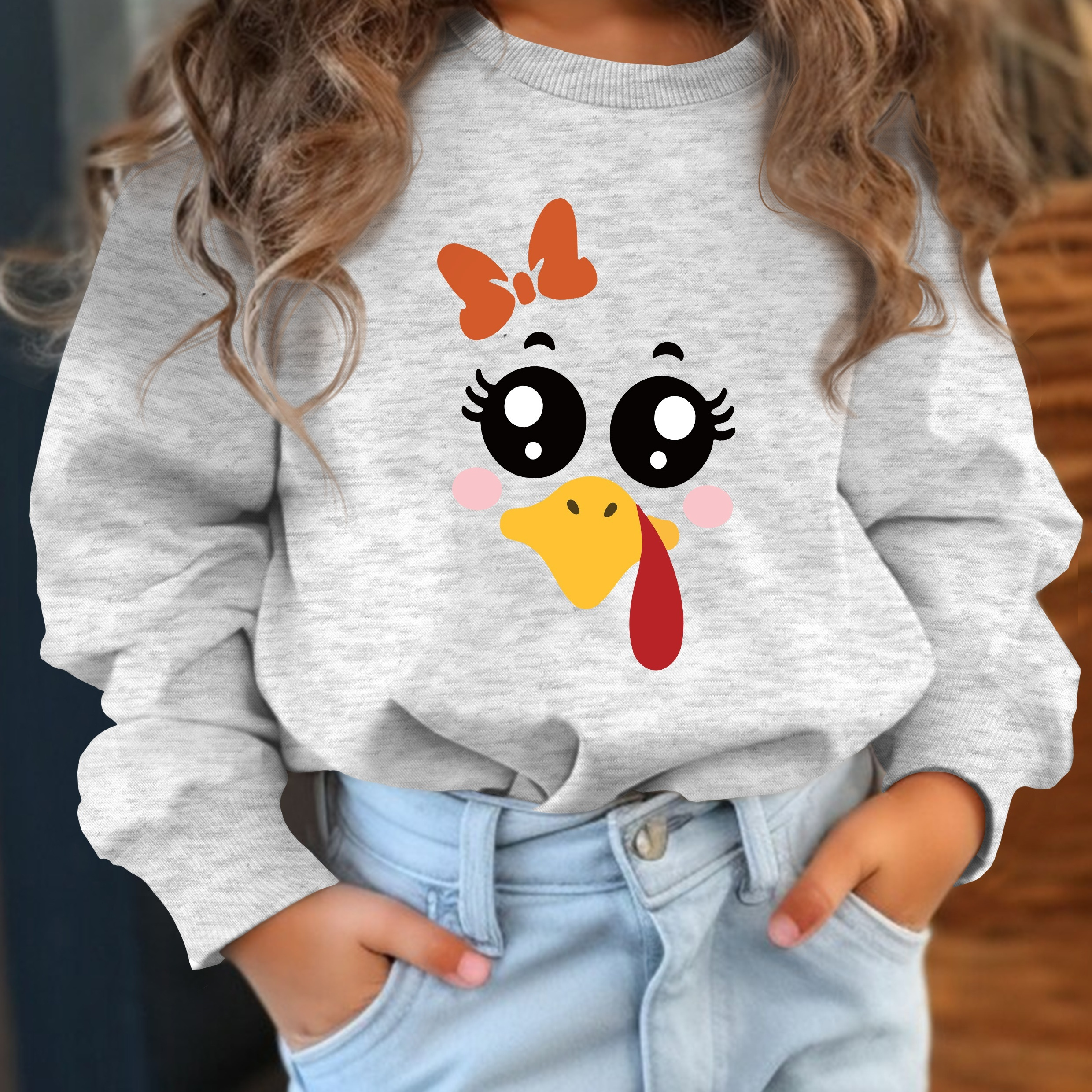 

Thanksgiving Girls' Cute Bowknot Turkey Pattern Long Sleeve Sweatshirt Tops