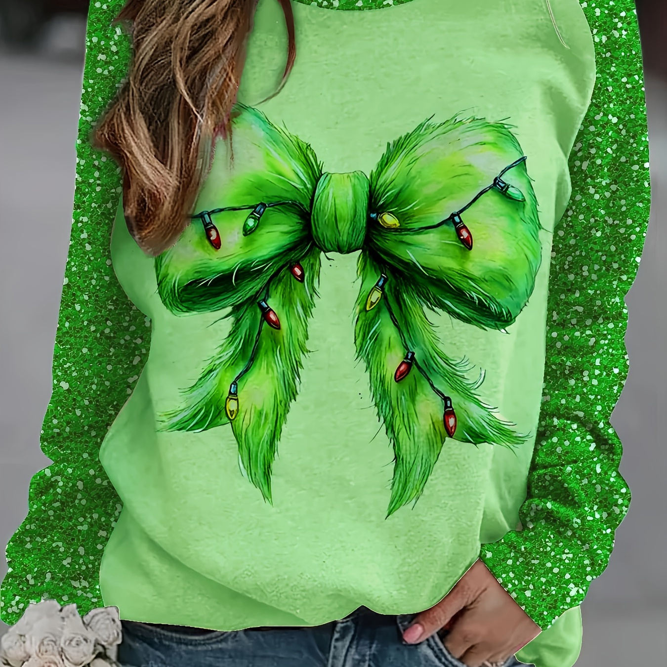 

Plus Size Elegant Christmas Bow Print Long Sleeve T-shirt For Women, Crew Neck, Polyester With Elastane, Medium Stretch, Knit Fabric, Spring/fall