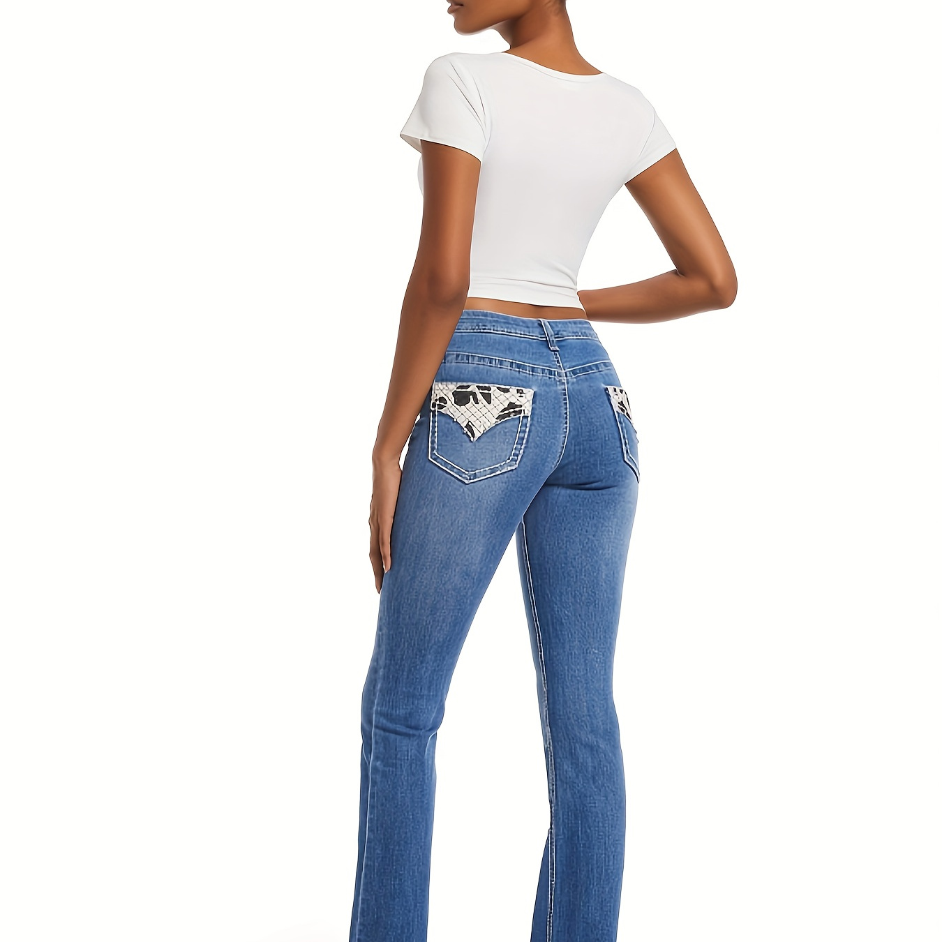 

Women's Blue Slim Fit Pocket Detail Denim Jeans - Casual Style, Versatile And Comfortable Wear, All-season Sexy Stretchy Bootcut Jeans