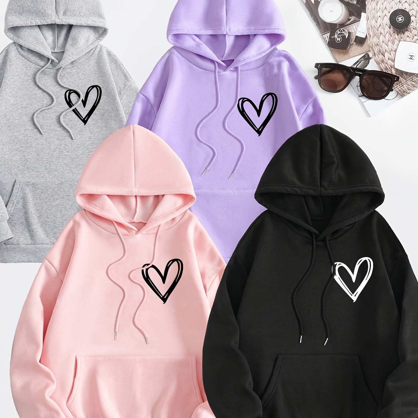 

4-pack Heart Print Kangaroo Pocket Hoodie, Casual Long Sleeve Drawstring Hoodies Sweatshirt, Women's Clothing