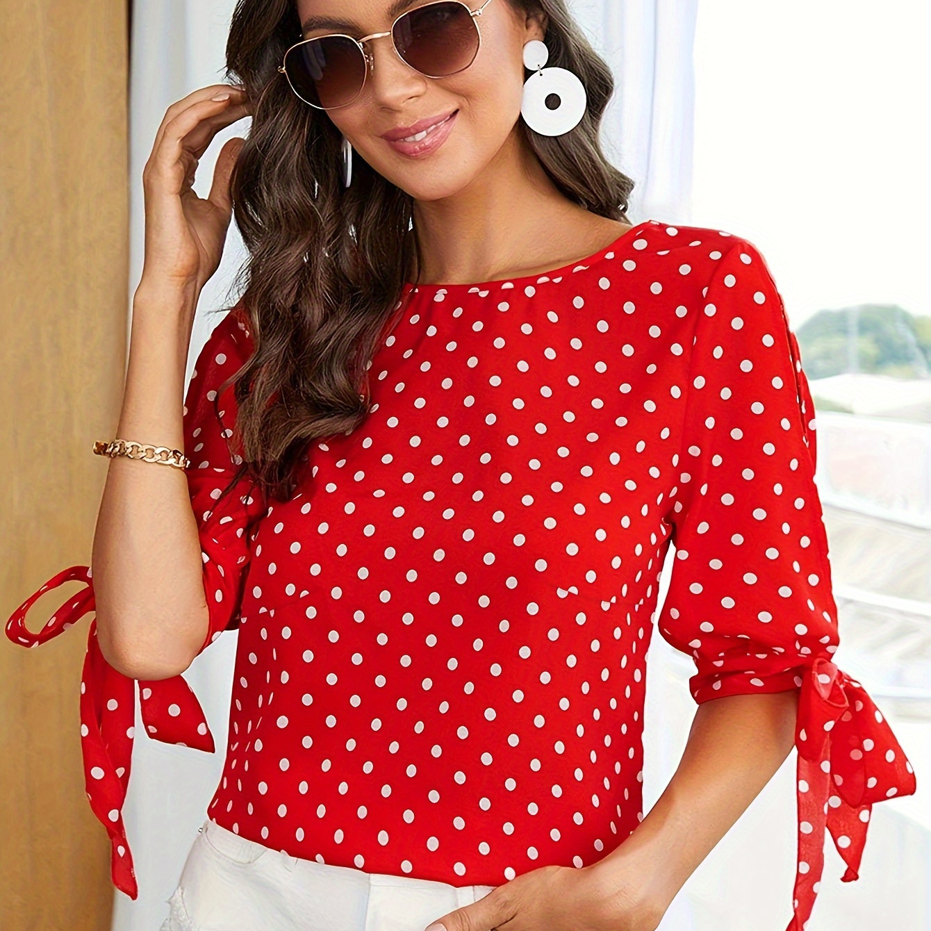 

Polka-dot Print Crew Neck Blouse, Casual Knot Sleeve Blouse For Spring & Summer, Women's Clothing