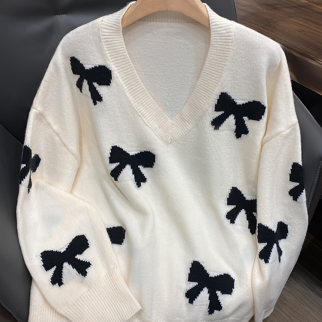 

Size V-neck Long Sleeve Sweater With Bow Detail - 42% Acrylic, 28% Polyamide, 30% Polyester Knit Fabric, Casual Fall/winter Top