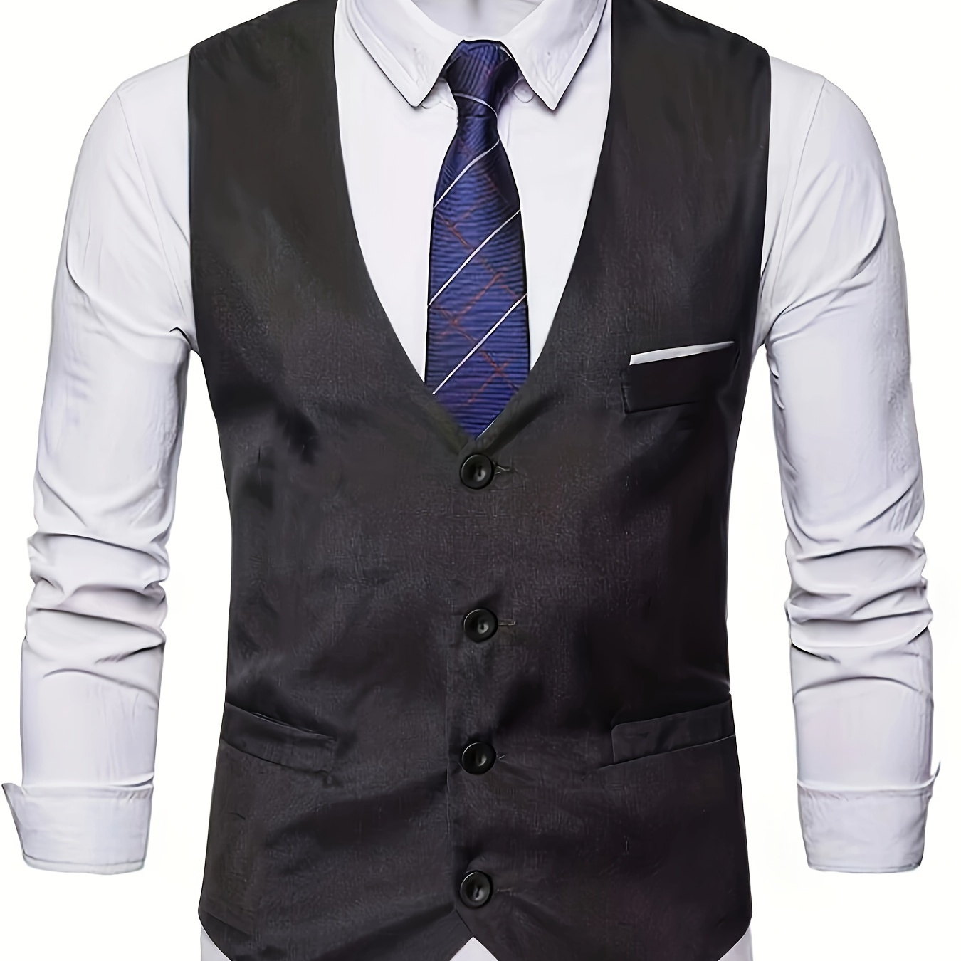 

V Neck Smart Suit Vest, Men's Casual Retro Style Solid Color Single Breasted Waistcoat For Wedding Dinner Suit Match