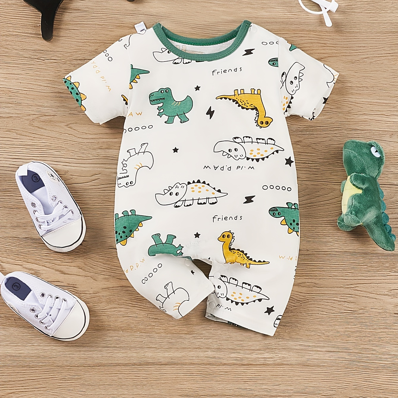 

Baby's Cartoon Colorful Dinosaur Full Print Cotton Bodysuit, Casual Short Sleeve Romper, Toddler & Infant Boy's Clothing For Summer