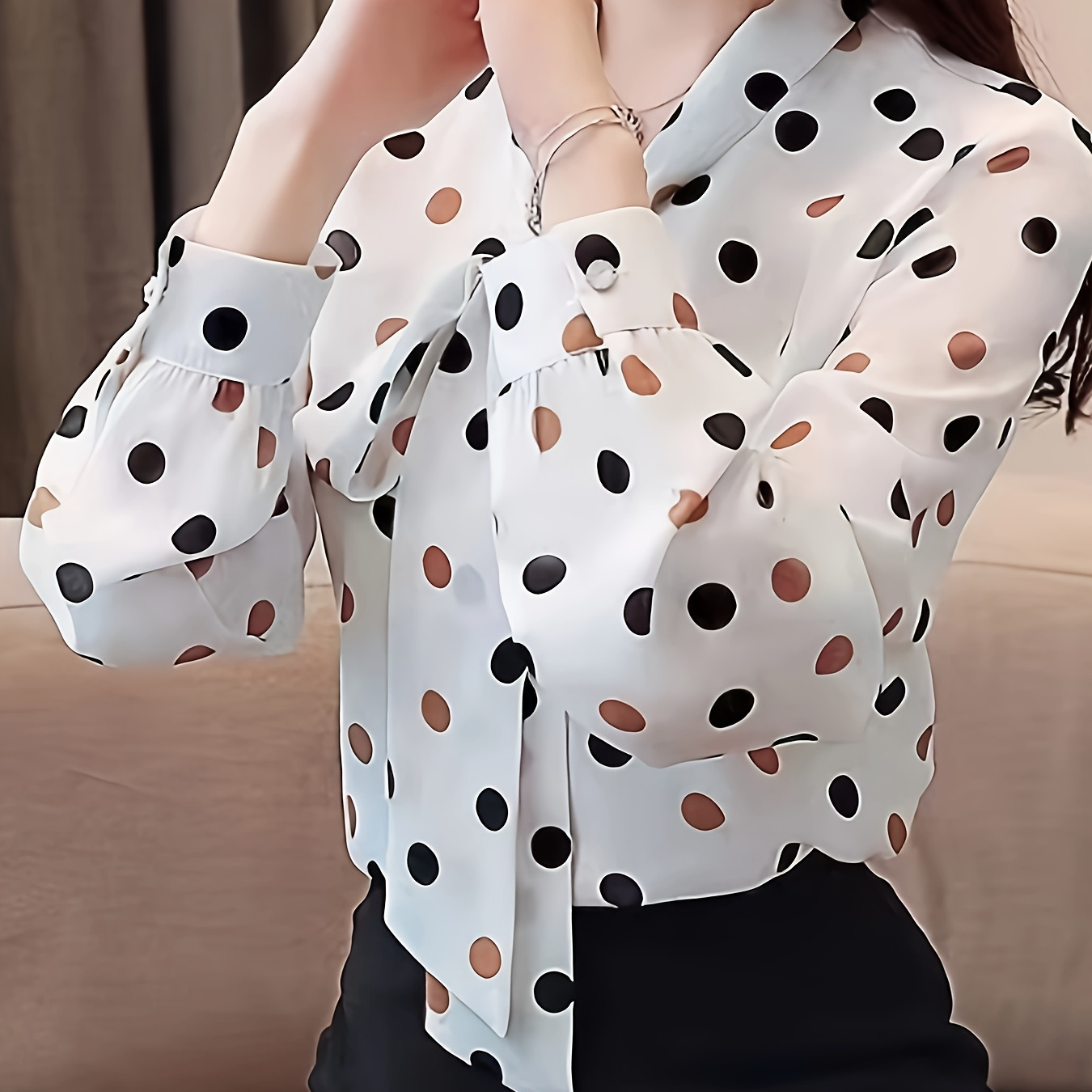 

Polka-dot Print Tie Neck Blouse, Casual Long Sleeve Top For Spring & Fall, Women's Clothing