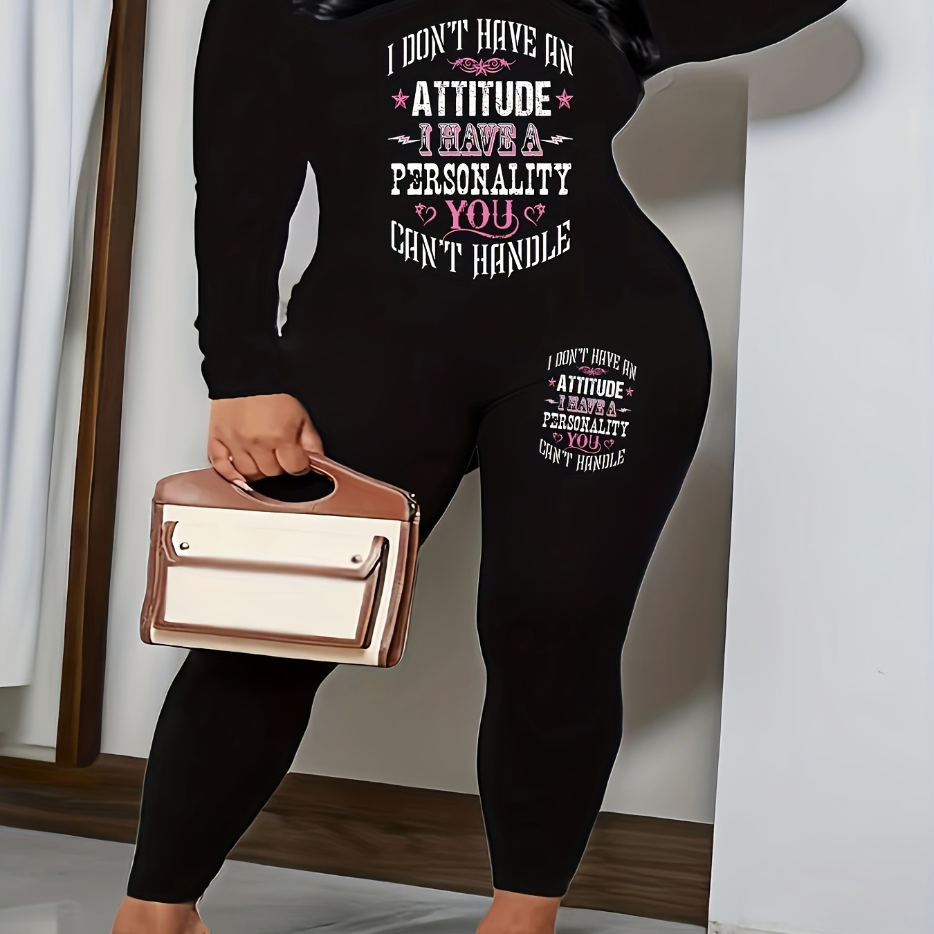 

Plus Size Casual Outfits Set, Women's Plus Slogan Print Long Sleeve V Neck Top & Leggings Outfits 2 Piece Set