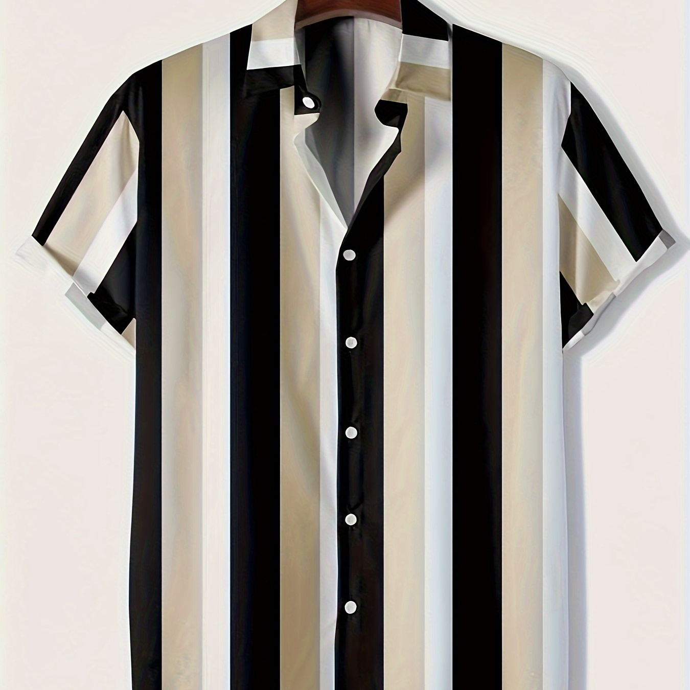 

Men's Casual Button Up Lapel Collar Striped Shirt, Men's Classic Short Sleeve Shirt For Summer Vacation And Casual Wear