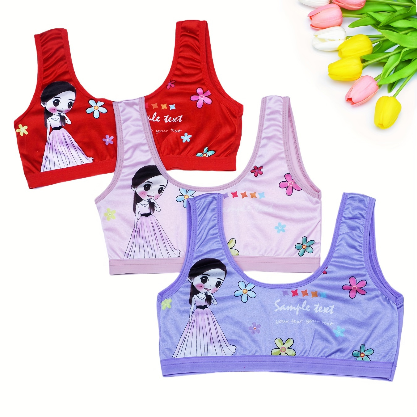 

3pcs Girls' Thin Girls Developmental Period Vest Set, Children's Underwear, Cartoon Bras For Girls And Students, 7-14 Years Old