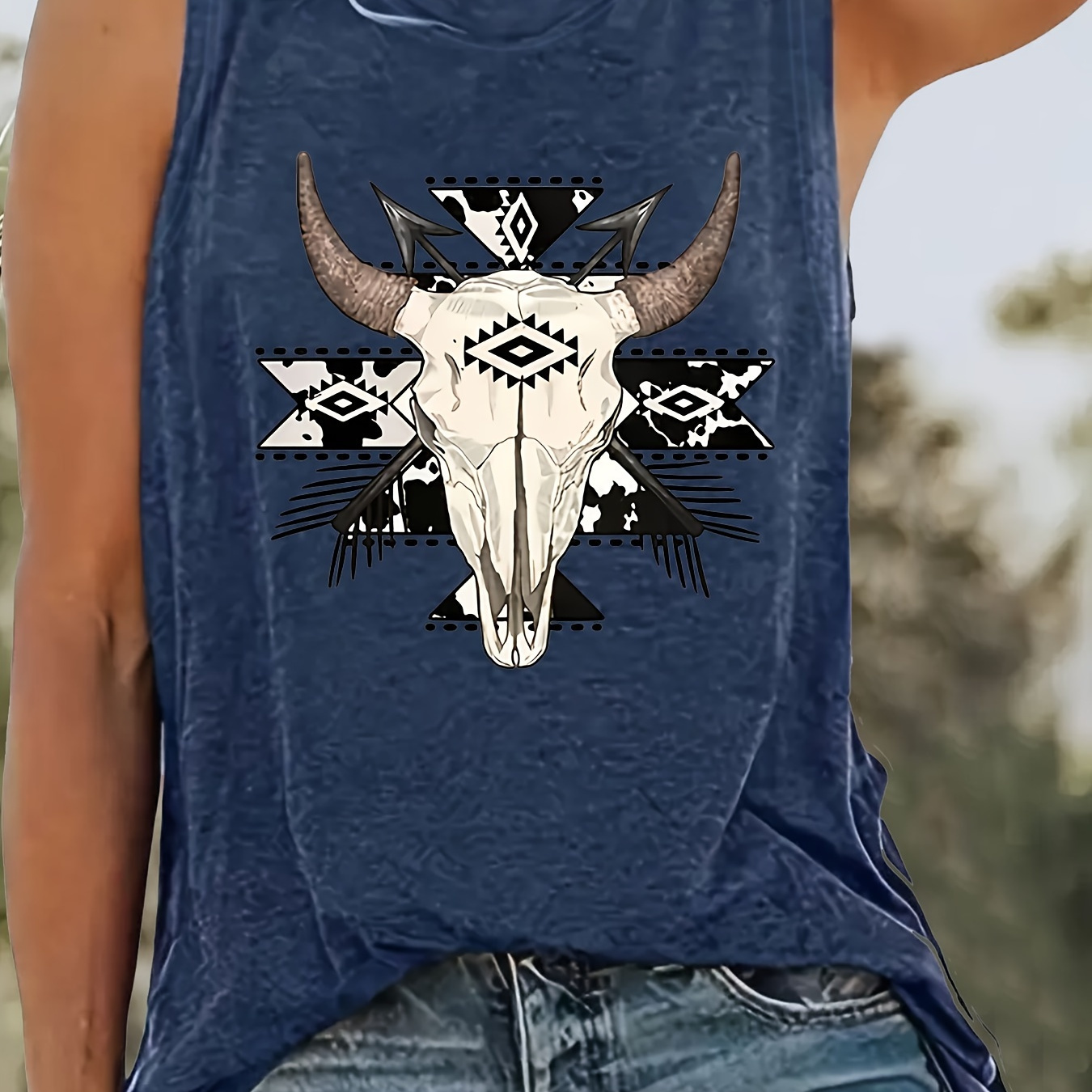 

Cow Skull Print Tank Top, Casual Crew Neck Sleeveless Tank Top For Summer, Women's Clothing