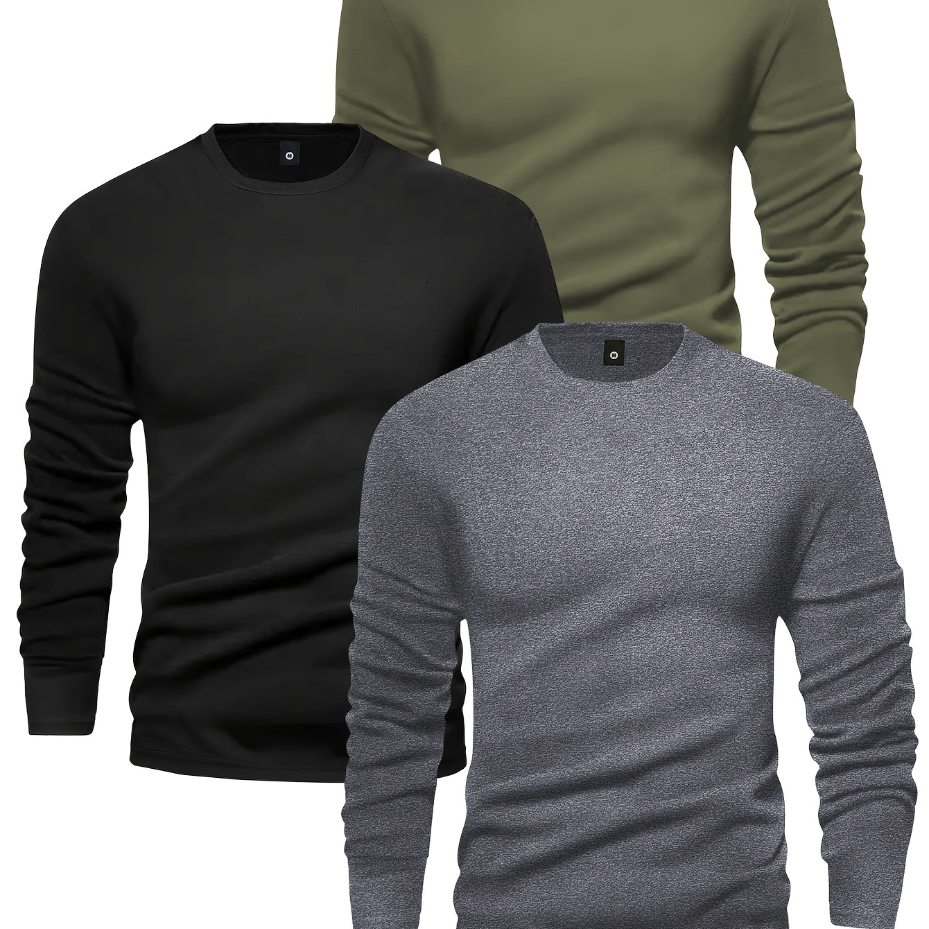 

3pcs Men's Long Sleeve Crew Neck T-shirts - Casual Solid Color, Stretchy & Comfortable For Spring/fall