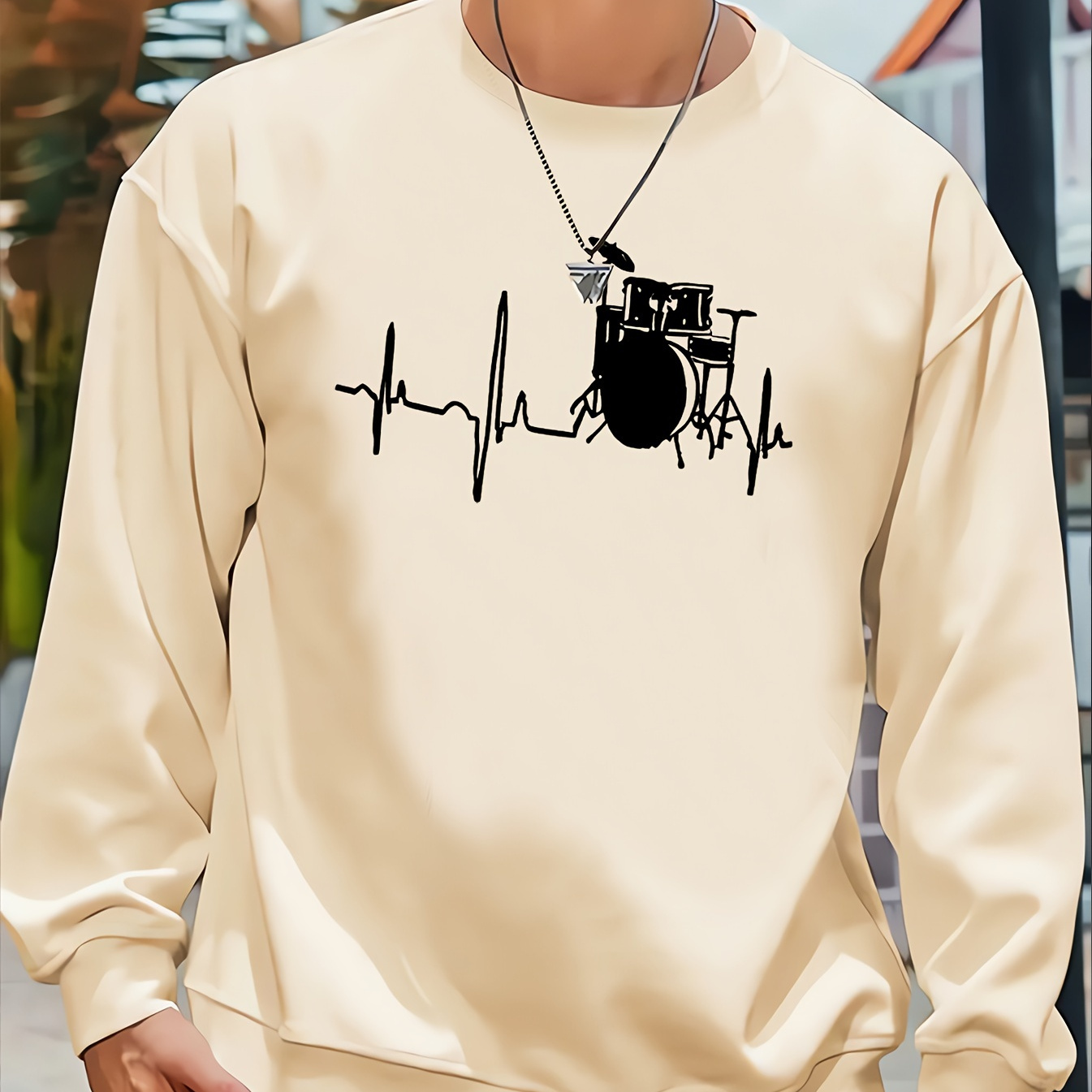 

Drum Print Fashionable Men's Casual Long Sleeve Crew Neck Pullover Sweatshirt, Suitable For Outdoor Sports, For Autumn Spring, Can Be Paired With Necklace, As Gifts