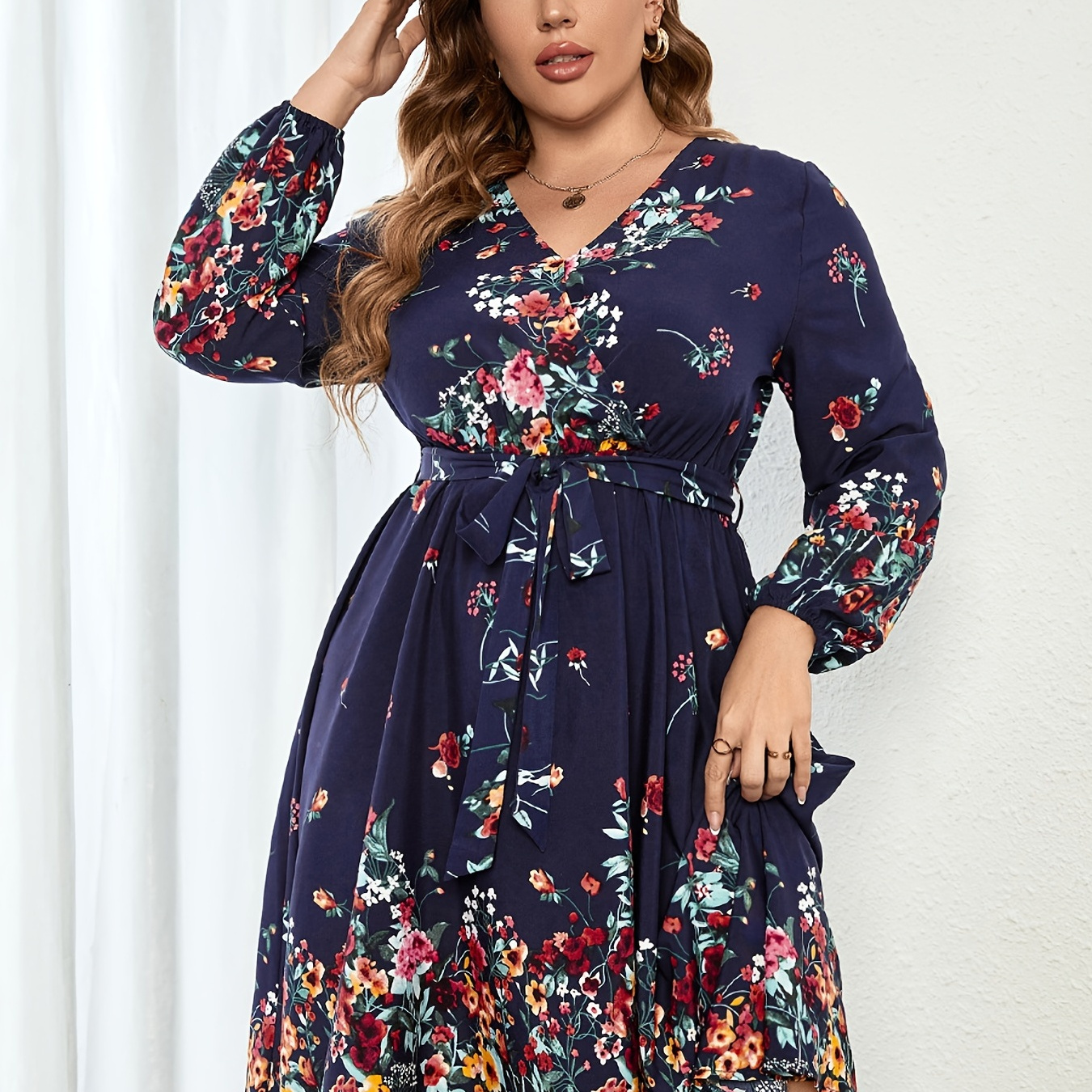 Plus Size Floral Print Long Sleeve V Neck Midi Dress Womens Plus Slight Stretch Elegant Dress 