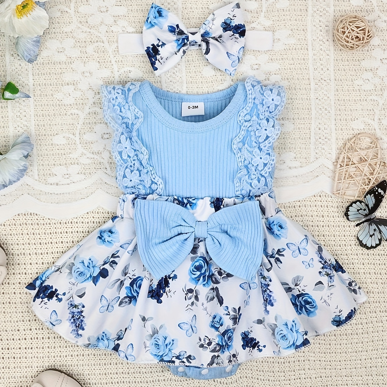 

Baby Girl Clothes Newborn Romper Dress Infant Lace Ruffle Sleeveless Summer One-piece Outfits With Headband Blue 0-12 Months