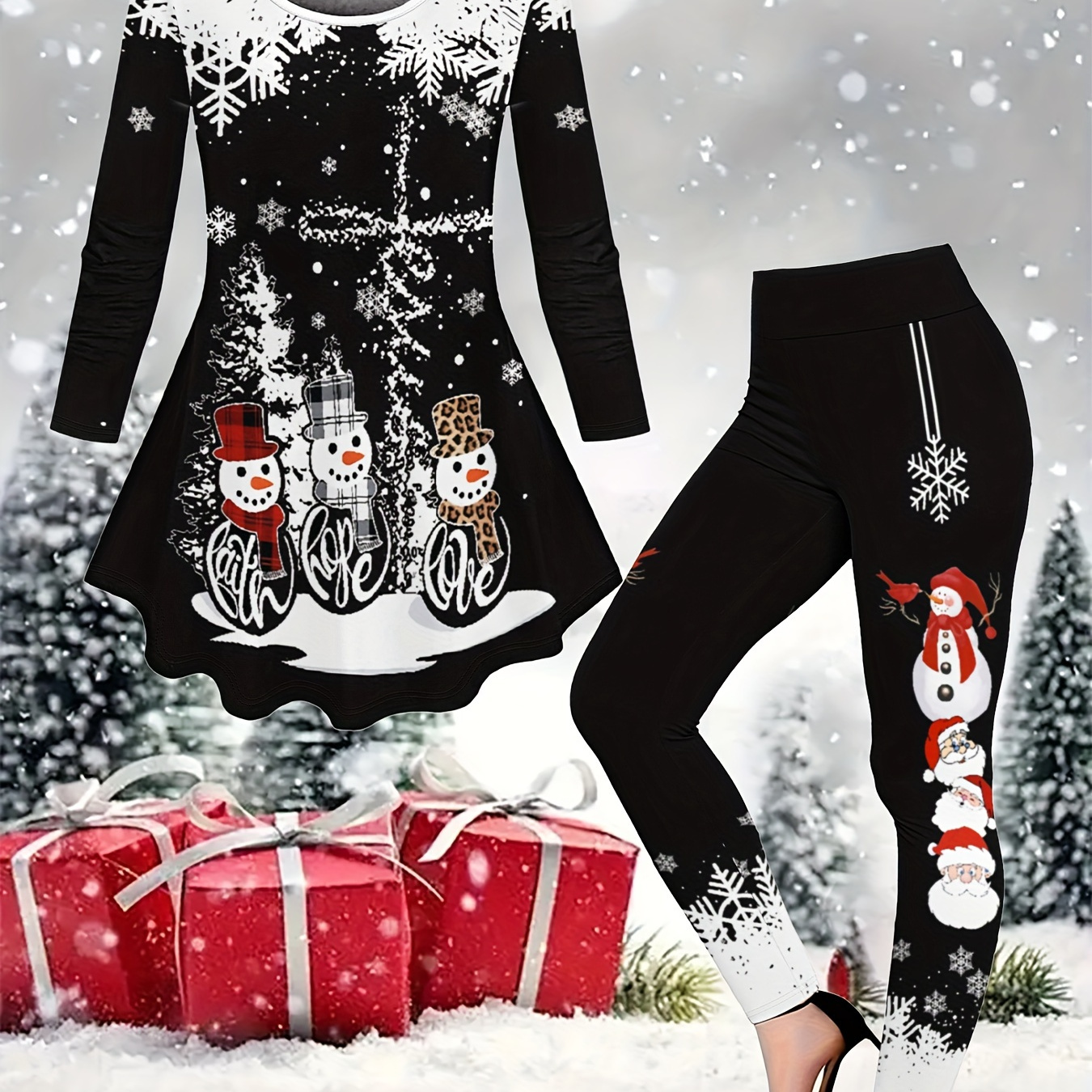 

Women's Christmas Snowman & Print Long Sleeve Dress With High-waist Leggings Set - Casual, Machine Washable