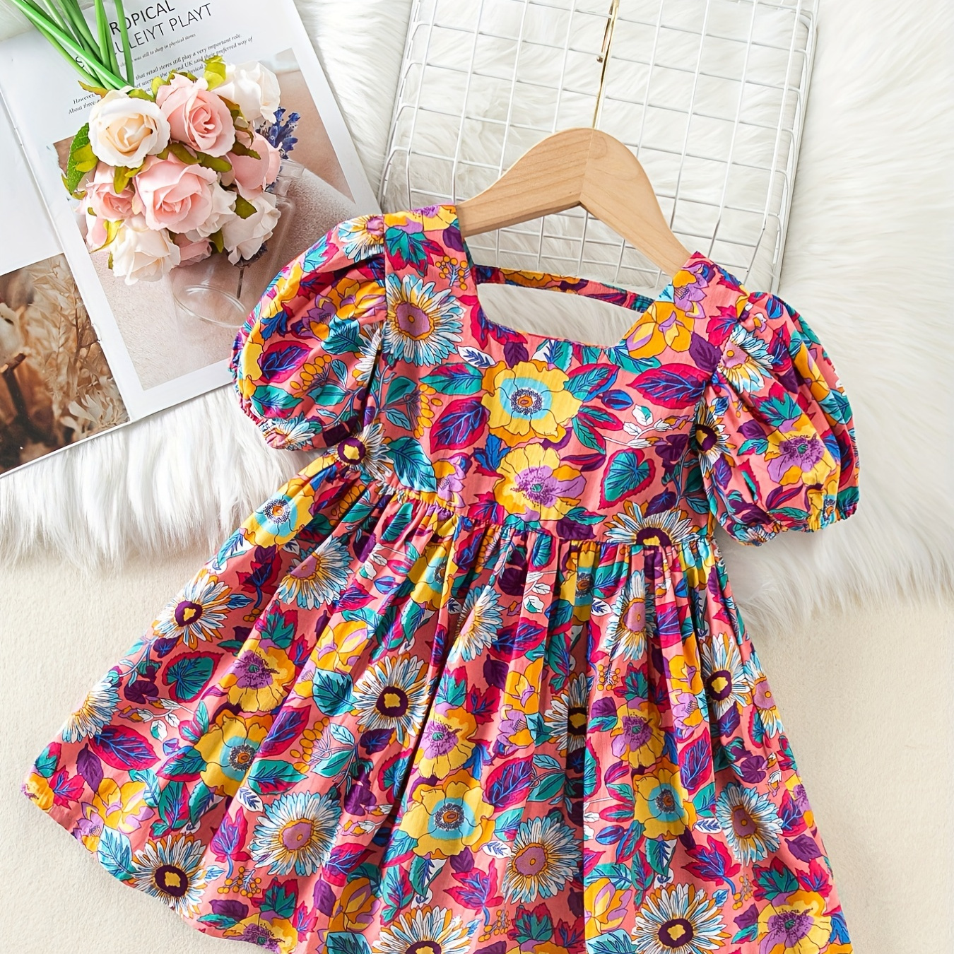 

Girl's Dress Summer Children's Summer Style Floral Chic Back Hollowed Out Princess Dress Fashionable Flower Skirt
