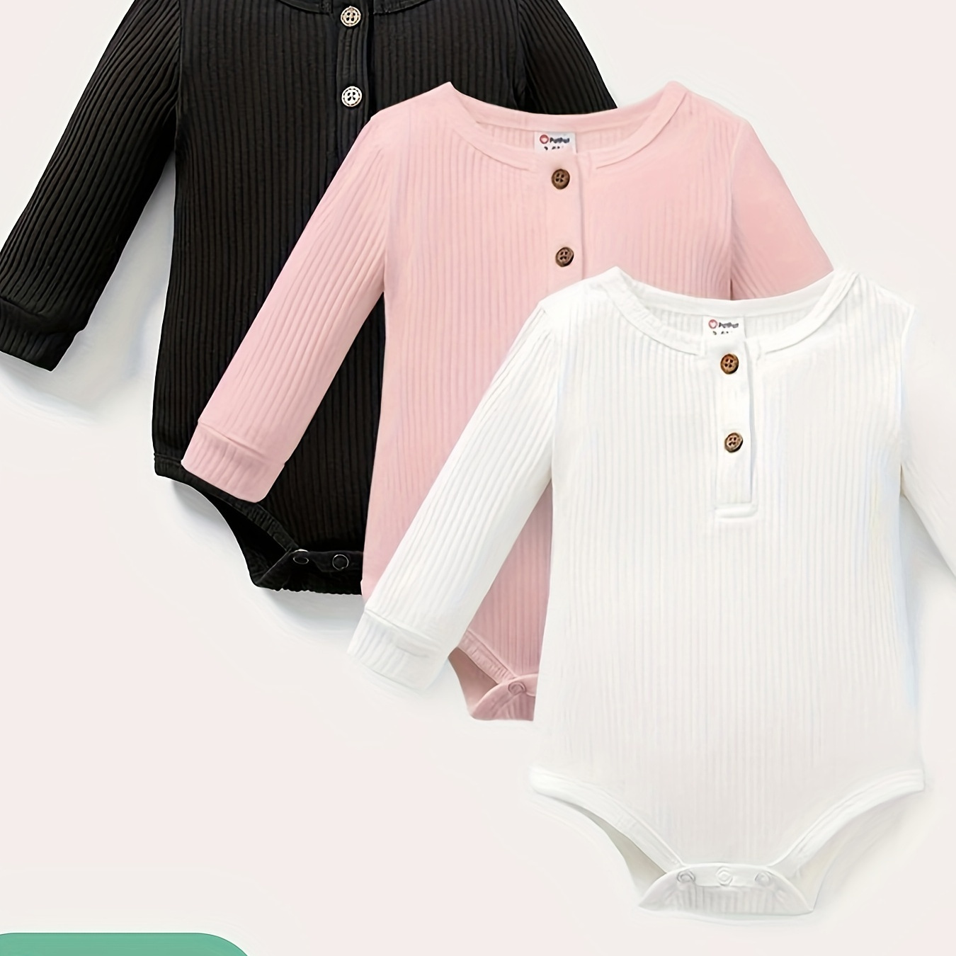 

3-pack Baby Girl/boy Cotton Button Design Solid Color Ribbed Long-sleeve Rompers