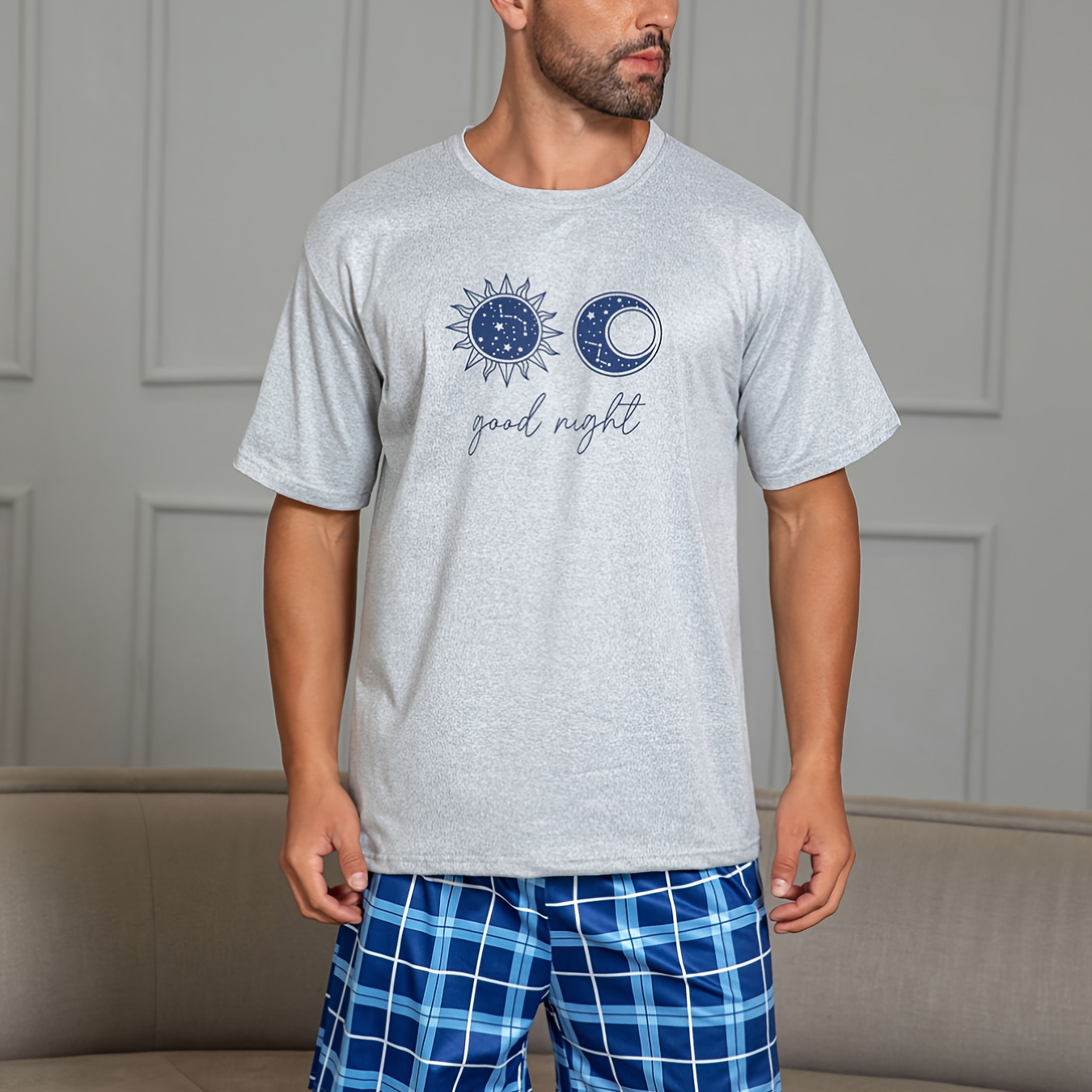 

Men's Summer T-shirt & Blue Plaid Shorts Pajama Set, Star And Moon Print, Casual Lounge Wear Set For Indoor And Outdoor Wear