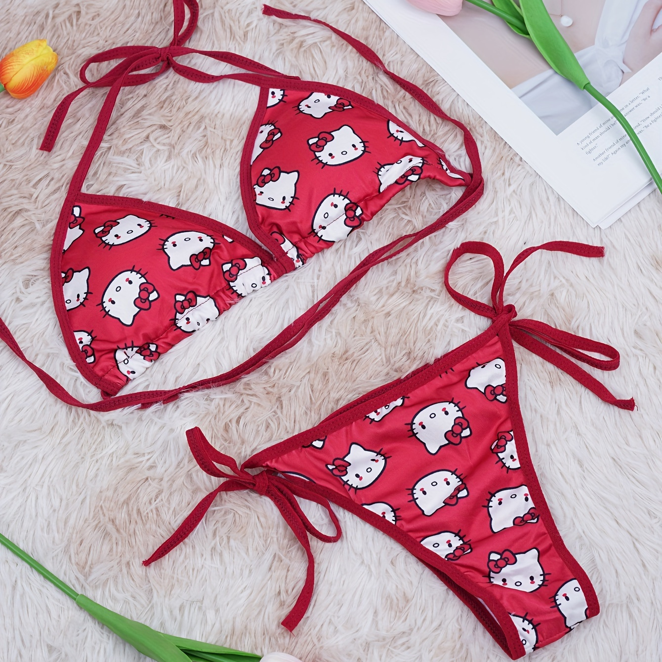 

Sanrio Hello Kitty Triangle Bikini Set - 2 Piece Spaghetti Strap, Figure-flattering Design - Perfect Womens Swimwear For A Stylish Look