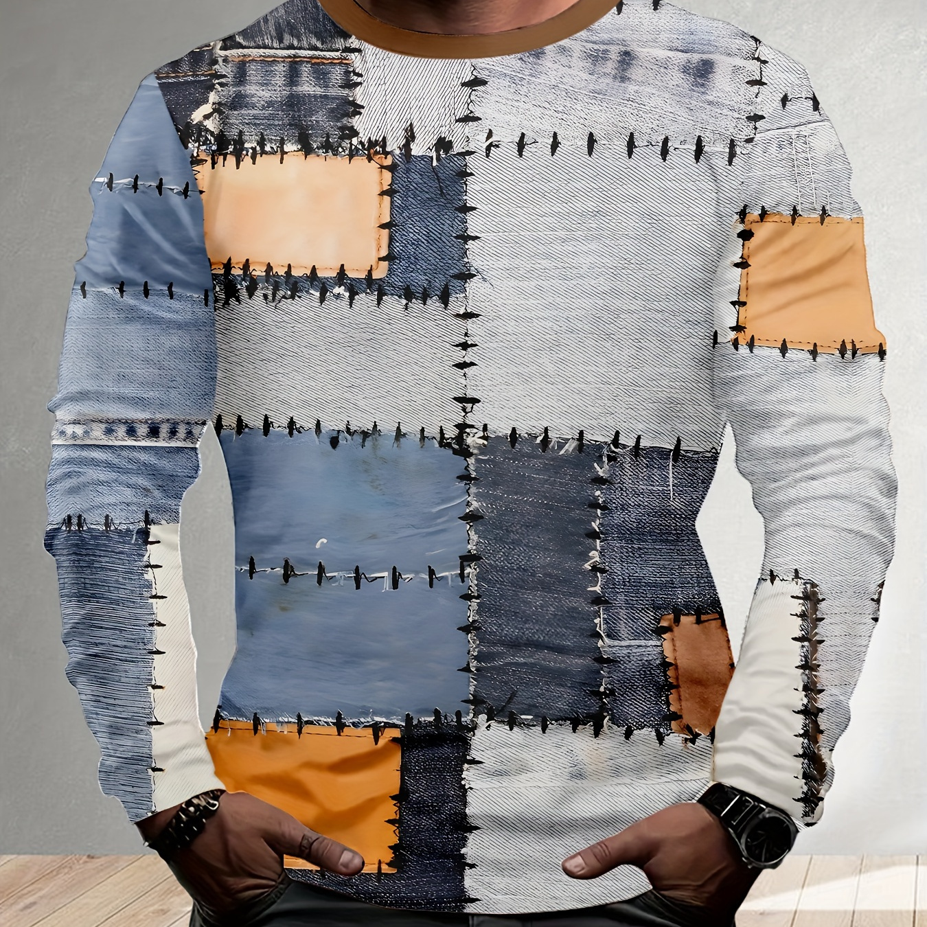 

Stitching Pattern Print T-shirt, Men's Casual Comfy Crew Neck Tee, Trendy Long Sleeve Top For Spring/fall