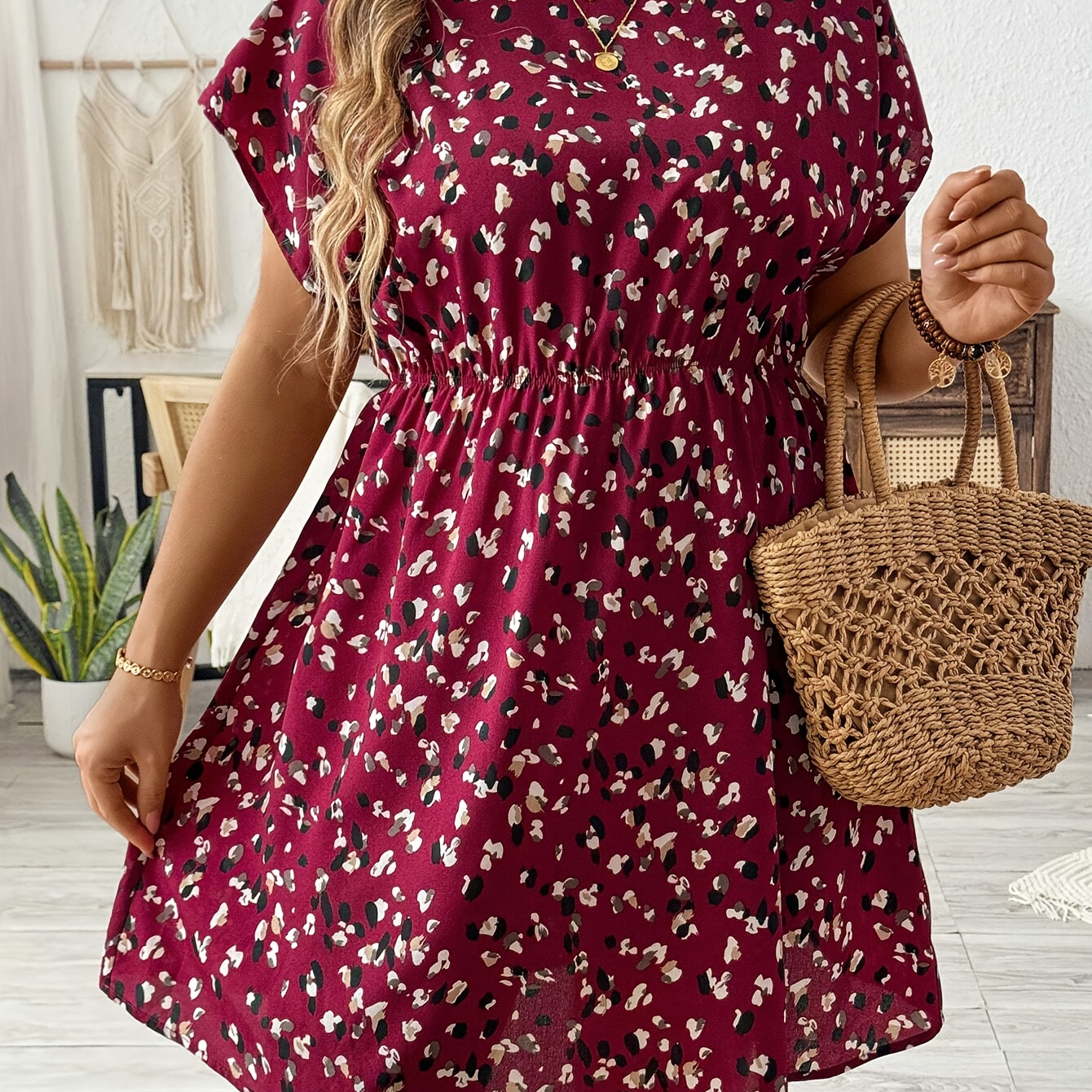 

1pc Size Floral Print Round Neck Batwing Sleeve Summer Dress, Polyester Long Dress With Back Zipper Closure, No Padding, Woven Fabric