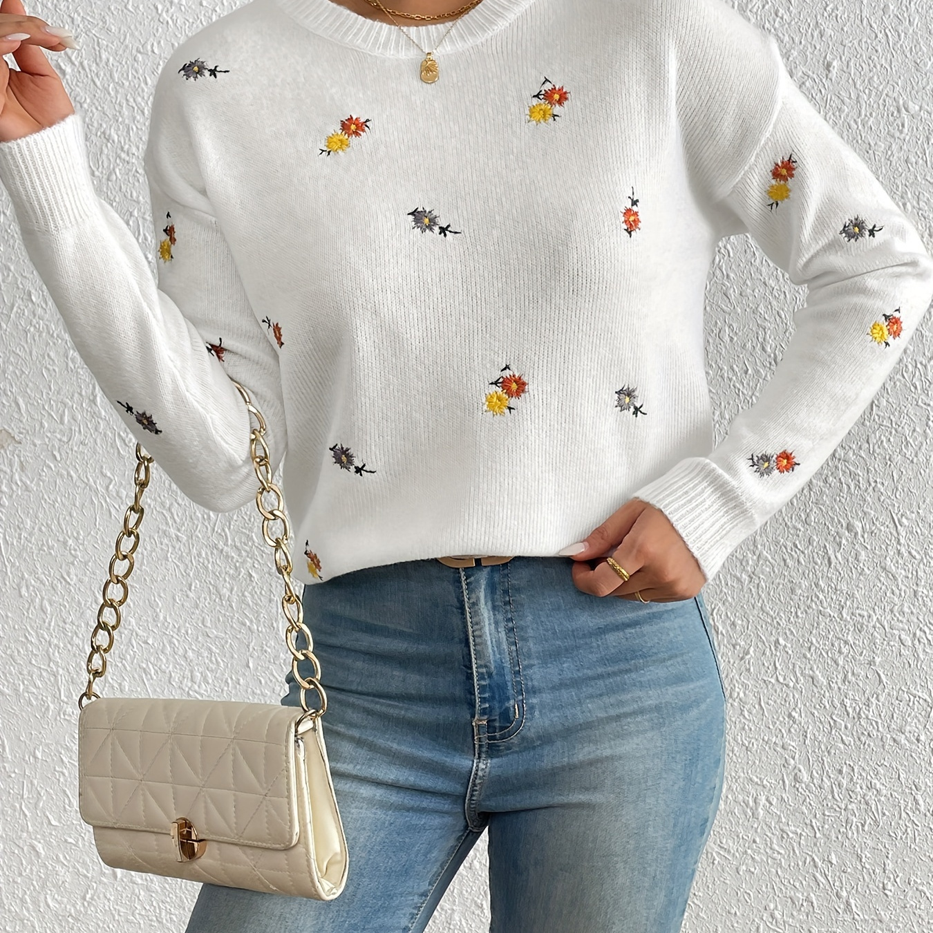 

Pull En Maille Côtelée À Motif Floral, Pull Décontracté À Col Rond Et Manches Longues Tombantes Pour Le Printemps Et L'automne, Vêtements Pour Femmes