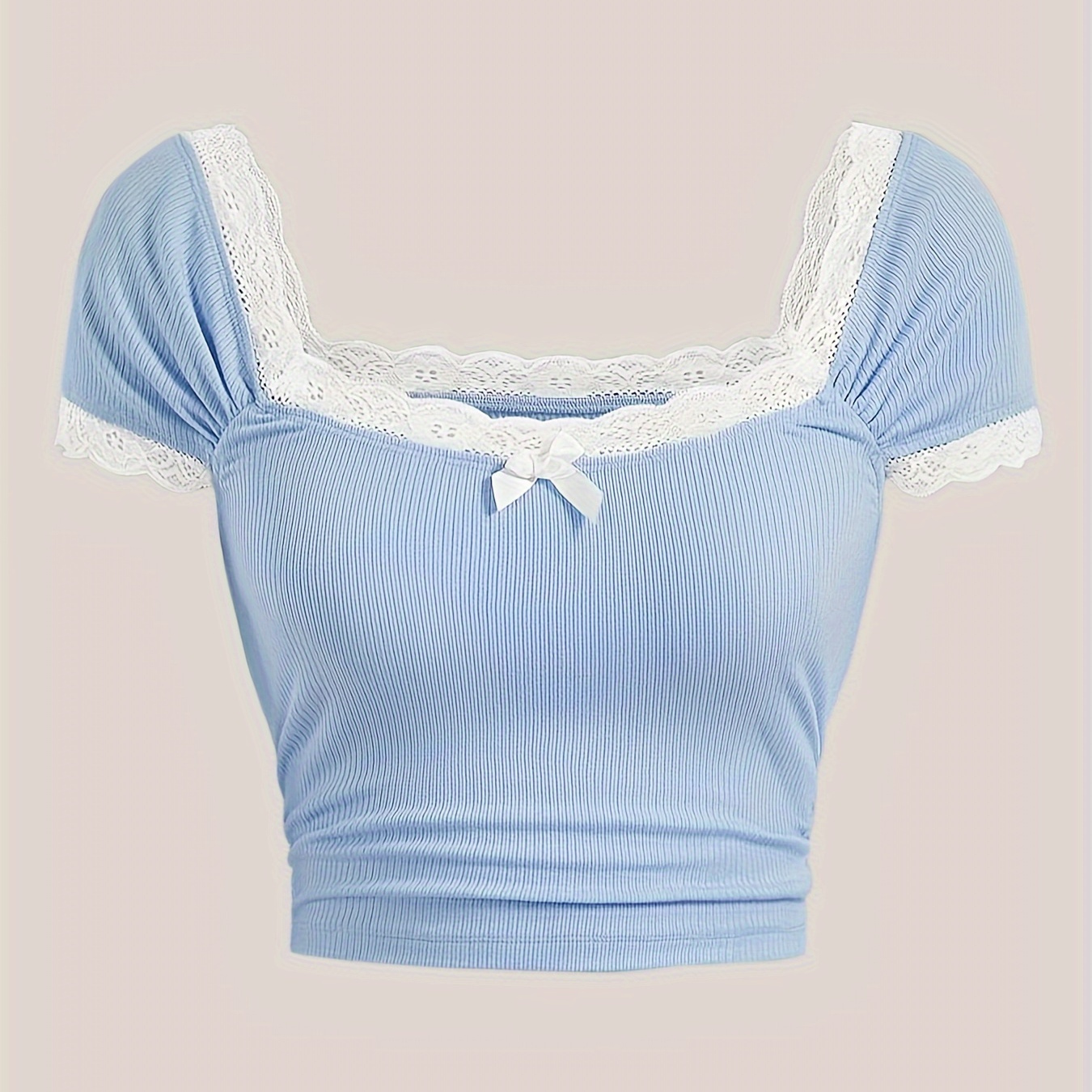 

Contrast Lace Square Neck T-shirt, Elegant Bow Decor Short Sleeve Backless Top For Spring & Summer, Women's Clothing