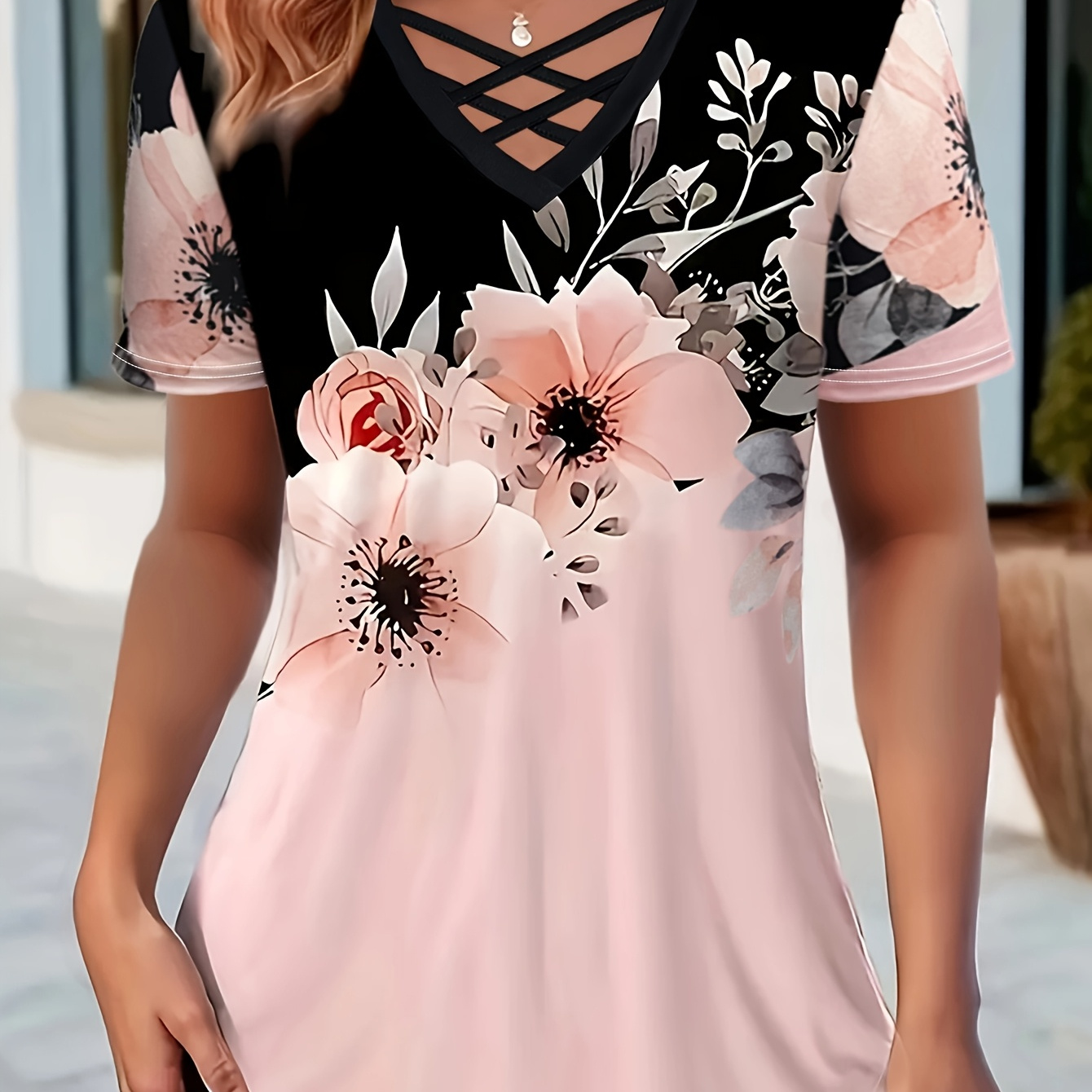 TEMU Elegant V-neck Floral Print T-shirt, Casual Strap Front Short Sleeve Top, Polyester, Medium Stretch Knit Fabric, 180g/m², With Contrast Collar, For Women, Plus Size, Spring/summer