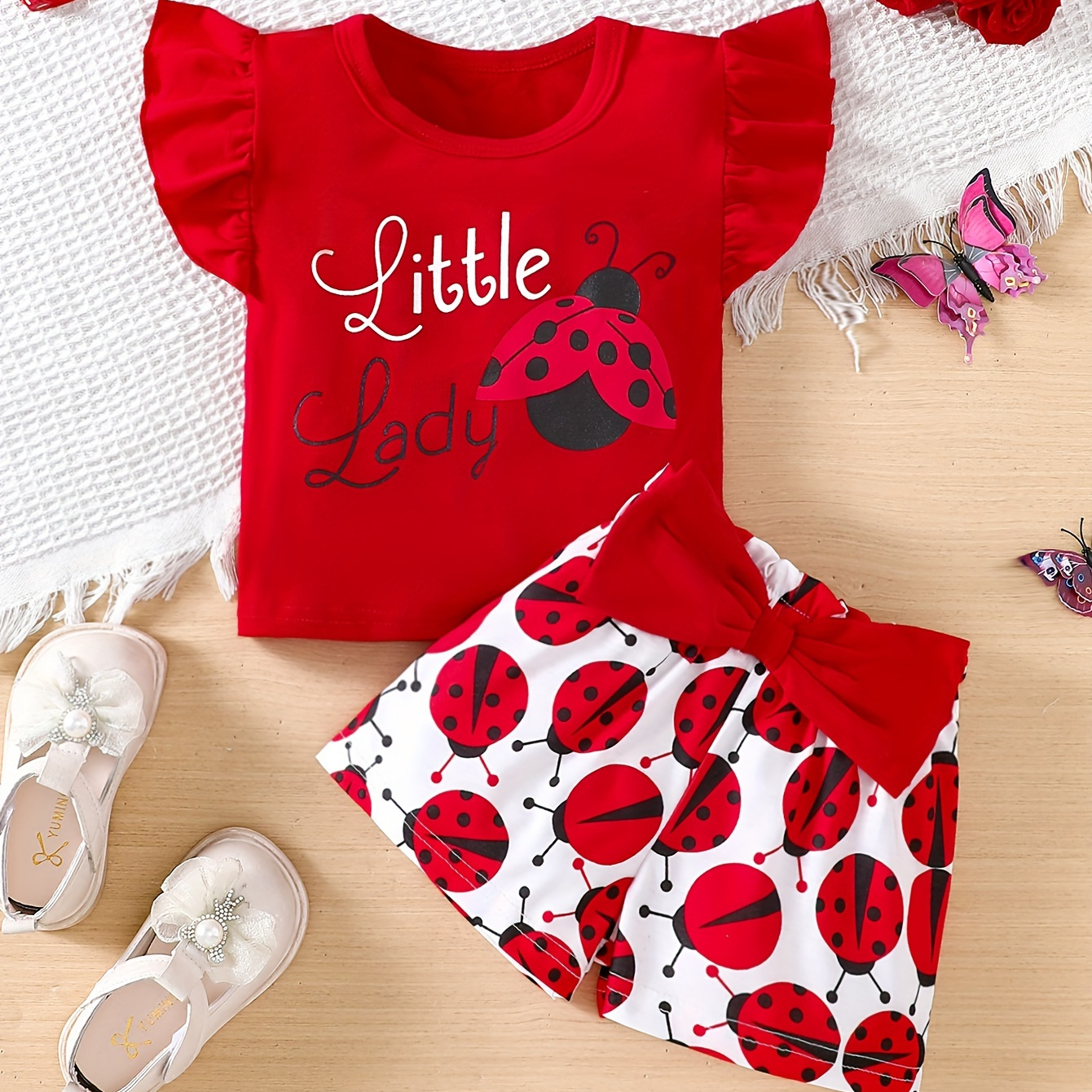 

Baby Girl's Ruffle Trim Sleeve Cute Graphic T-shirt & Bowknot Ladybug Pattern Shorts Set, Casual Summer Outfit