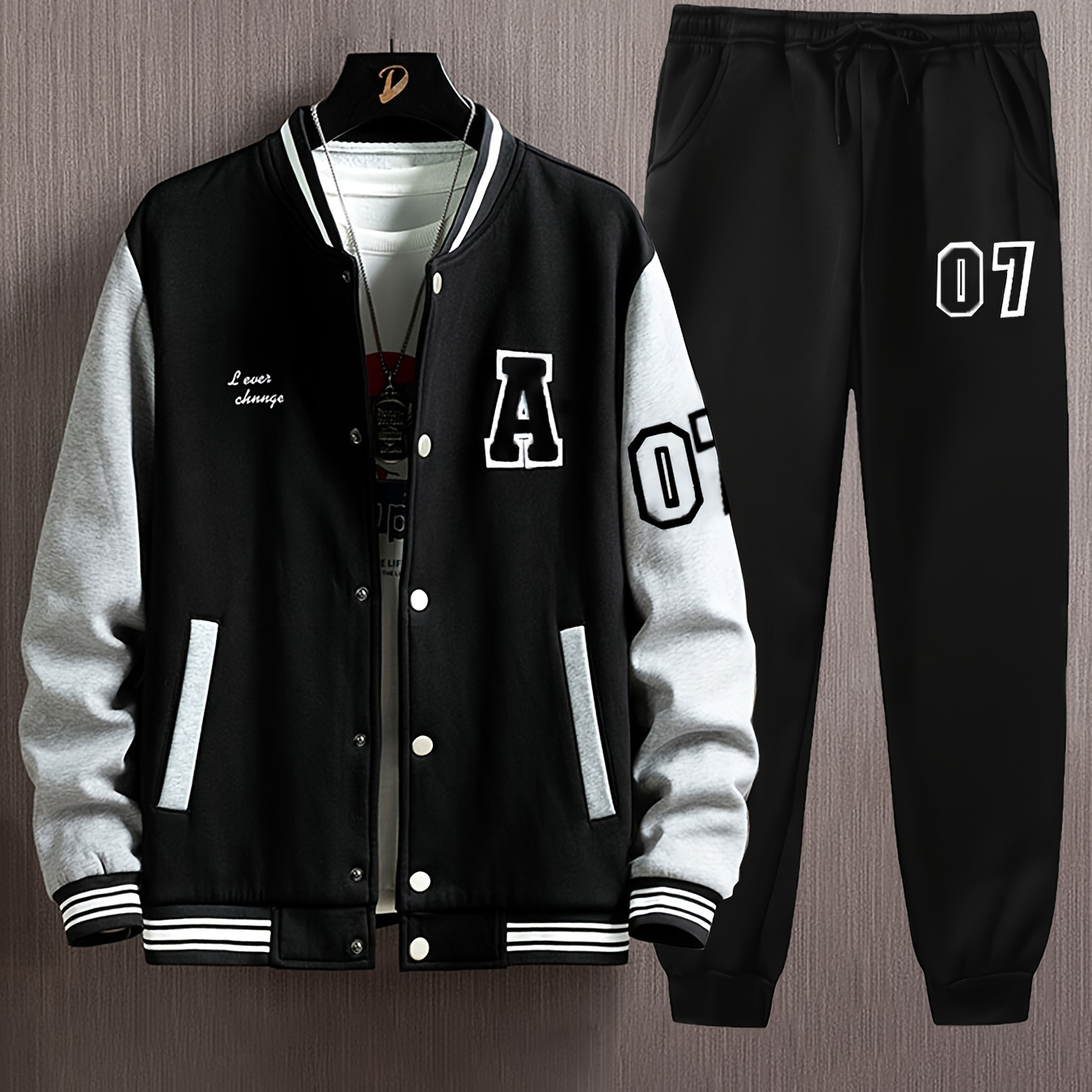 

Men's Casual 2-piece Outfit, Stylish Color Block Baseball Jacket, Breathable Comfy Drawstring Pants