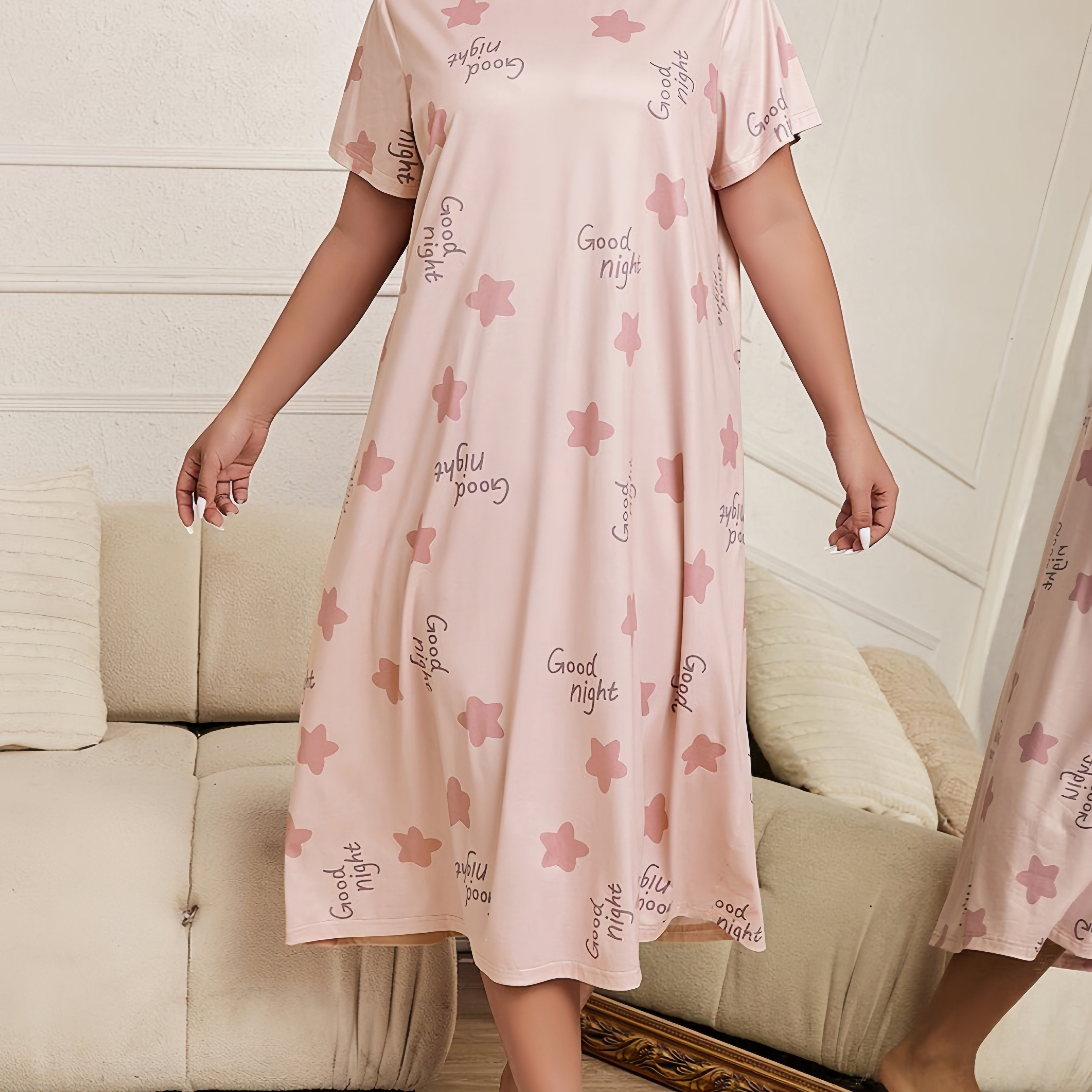 

Women's Plus Casual Sleep Dress, Plus Size Star & Letter Print Short Sleeve Crew Neck Nightdress