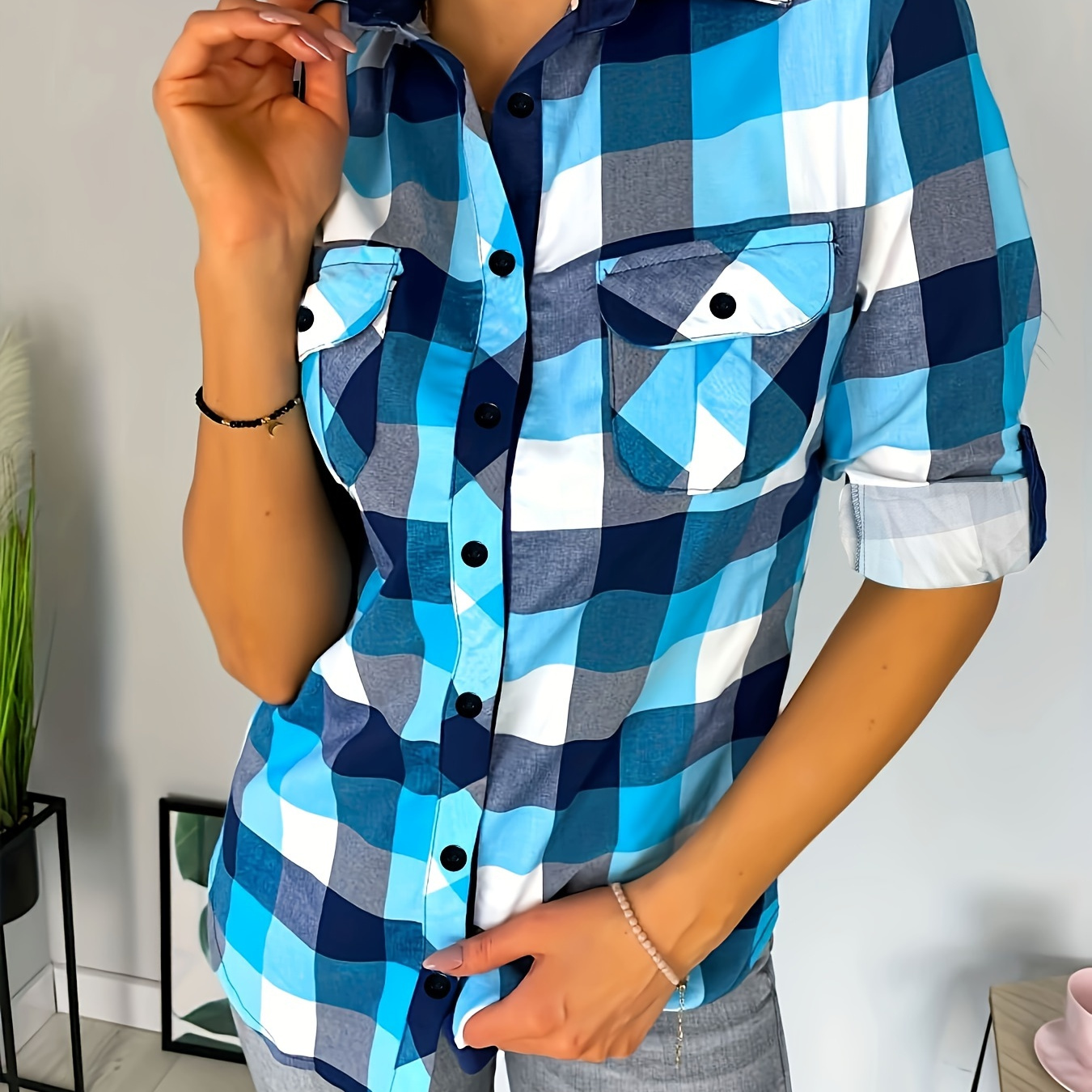 

And White Checkered V-neck Blouse For Women - Casual Polyester, Button-up With Chest Pocket, Machine Washable, Non-stretch Fabric - All